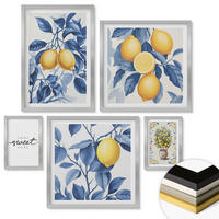 WANDBILDER 5er Set - 50x50 cm & 20x30 cm & 40x60 cm Silberner Rahmen - Zitronenzweige mit blauen Blättern - Silberfarben, Kunststoff (40/60cm) - ArtPrintCave