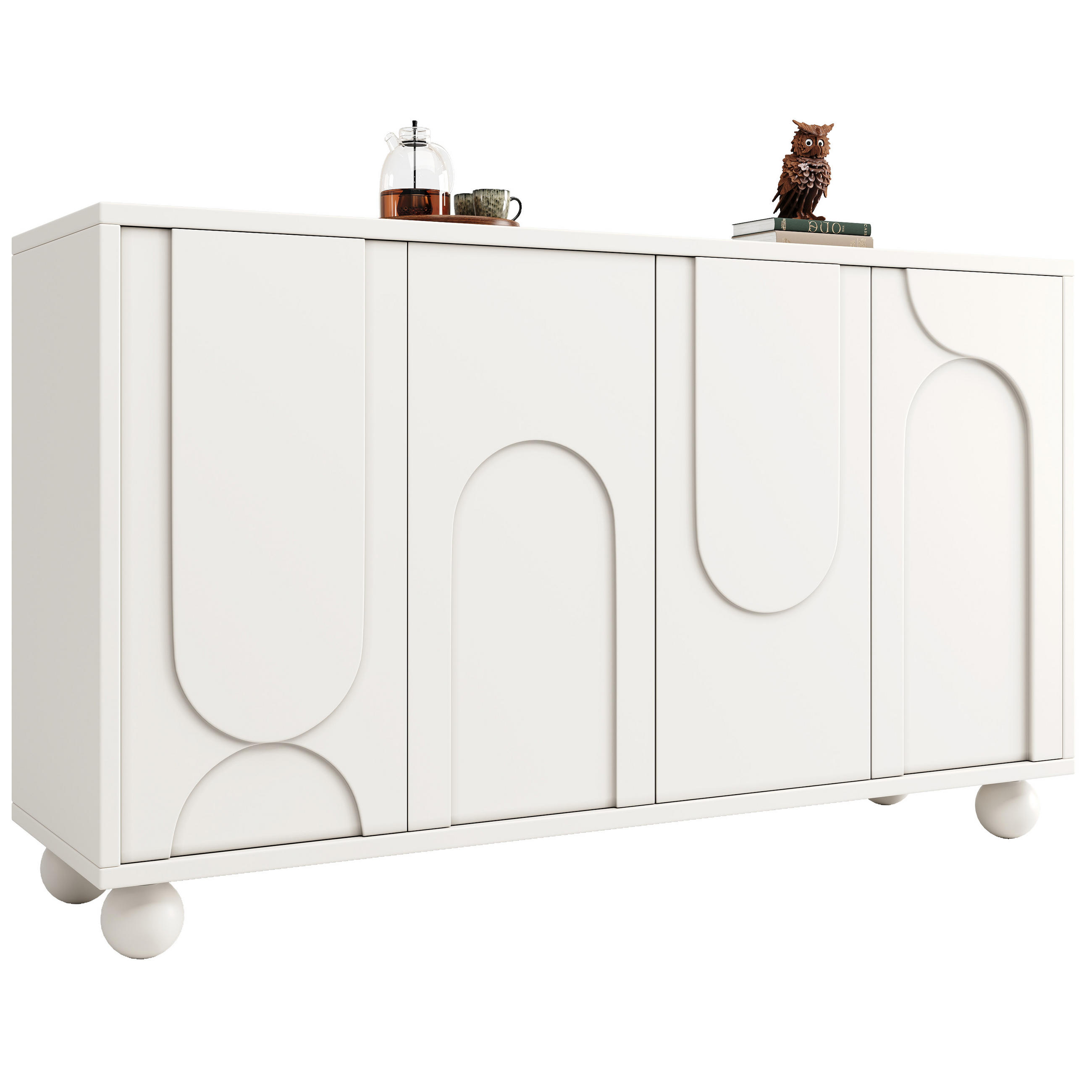 SIDEBOARD Cremeweiß, 4 Türen mit Innenfächern, Bogenfronten und Kugelfüßen, 120/35/71 cm - Weiß, Holzwerkstoff (120/71/35cm) - WISHDOR