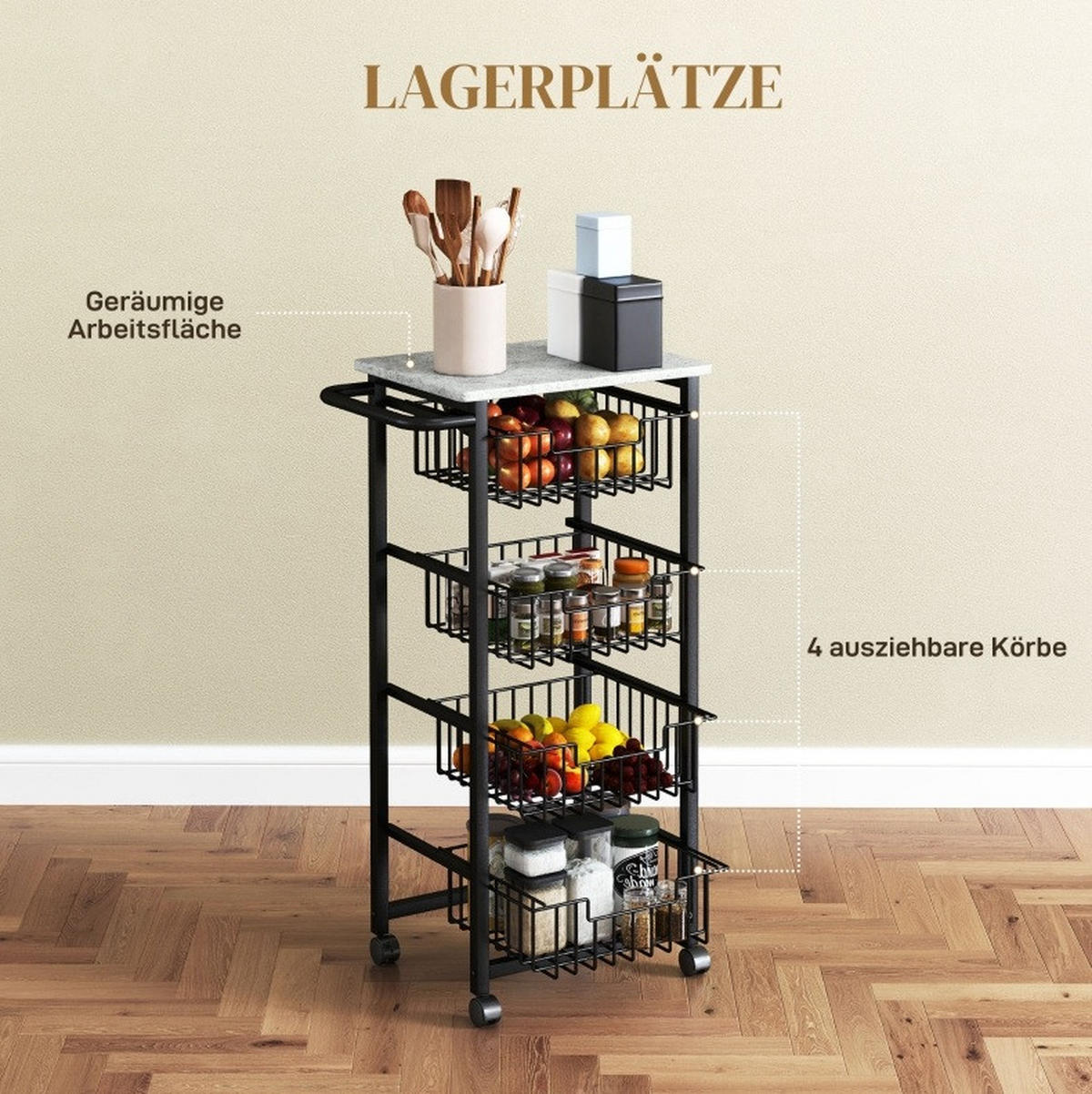 SERVIERWAGEN 49,5/91/31 cm Hellgrau aus Holz und Stahl mit 4 Körben - Grau, Holz (31/91/49.5cm) - OKMYHOME