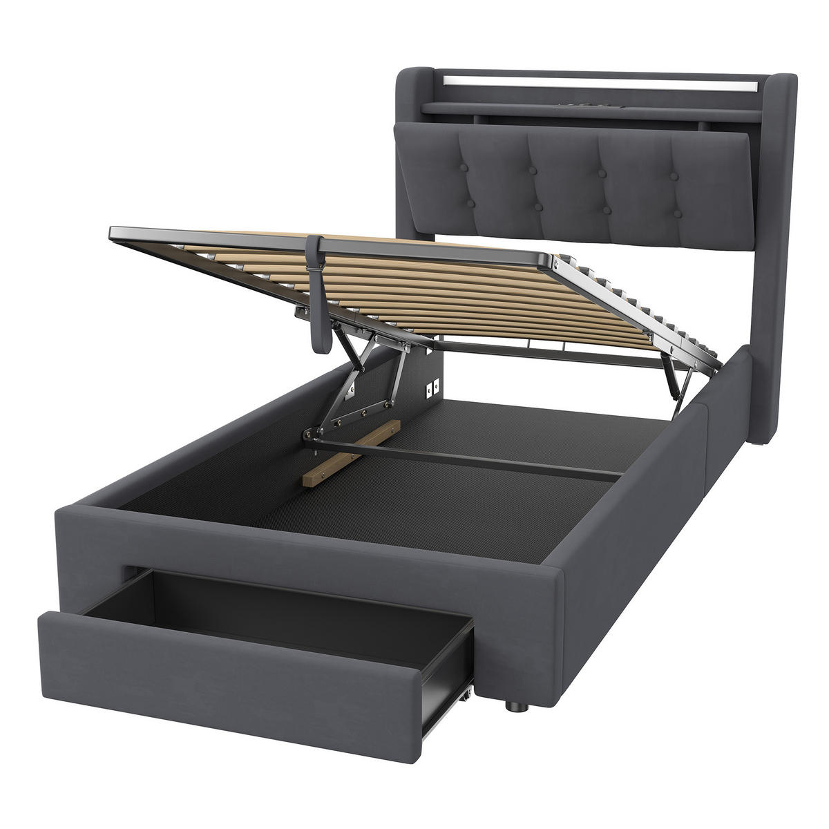 POLSTERBETT 90x200 cm in Dunkelgrau Samt mit Bettkasten, Schubladen und USB/LED-Beleuchtung, Einzelbett - Dunkelgrau, Holzwerkstoff/Textil (90/200cm) - CHICFURN