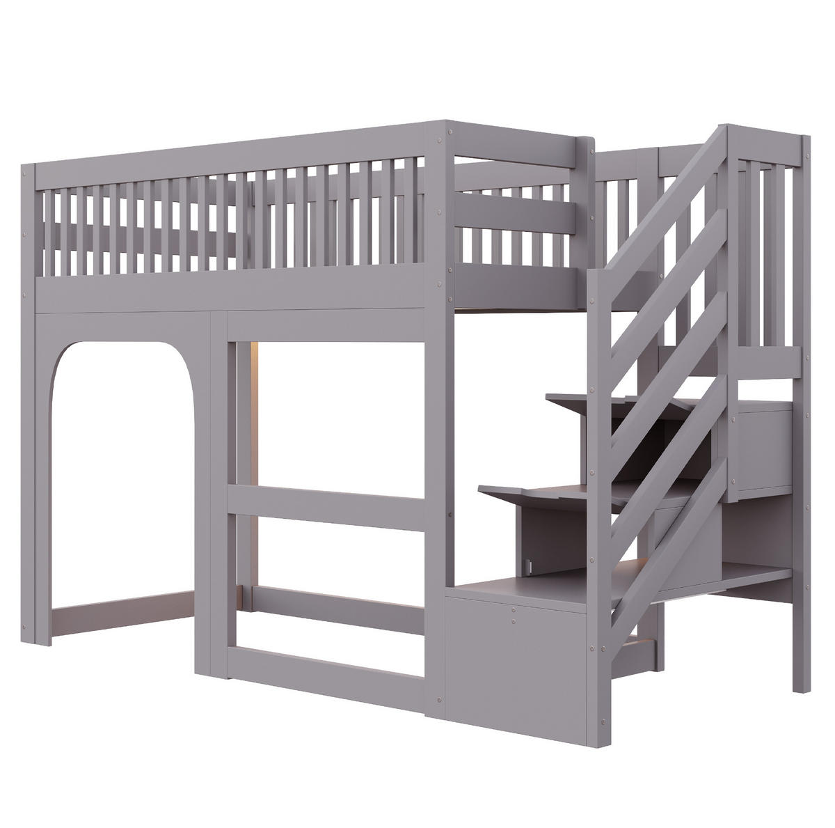 KINDER-HOCHBETT 90x200 cm in Grau mit Stauraumtreppe, LED-Beleuchtung und Lattenrost - Grau, Holz (90/200cm) - IVMEU