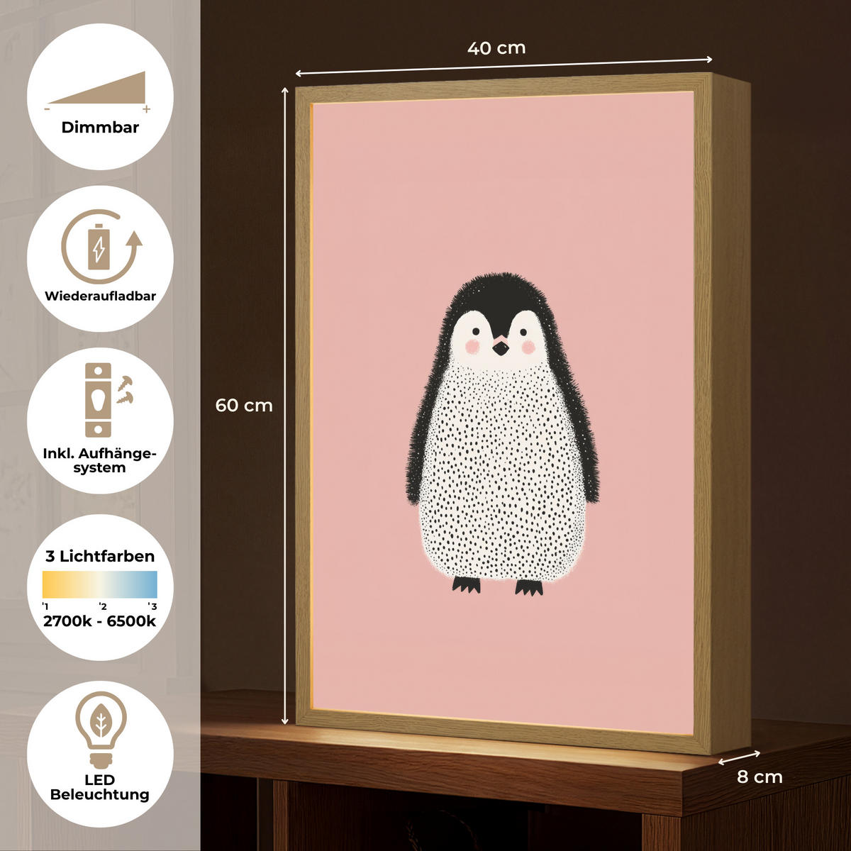 DOBÍJECÍ NOČNÍ LAMPIČKA Tučňák - Tečky - Minimalistický - Růžový 40x60 cm - růžová, kompozitní dřevo (8/40/60cm) - OnlyWow