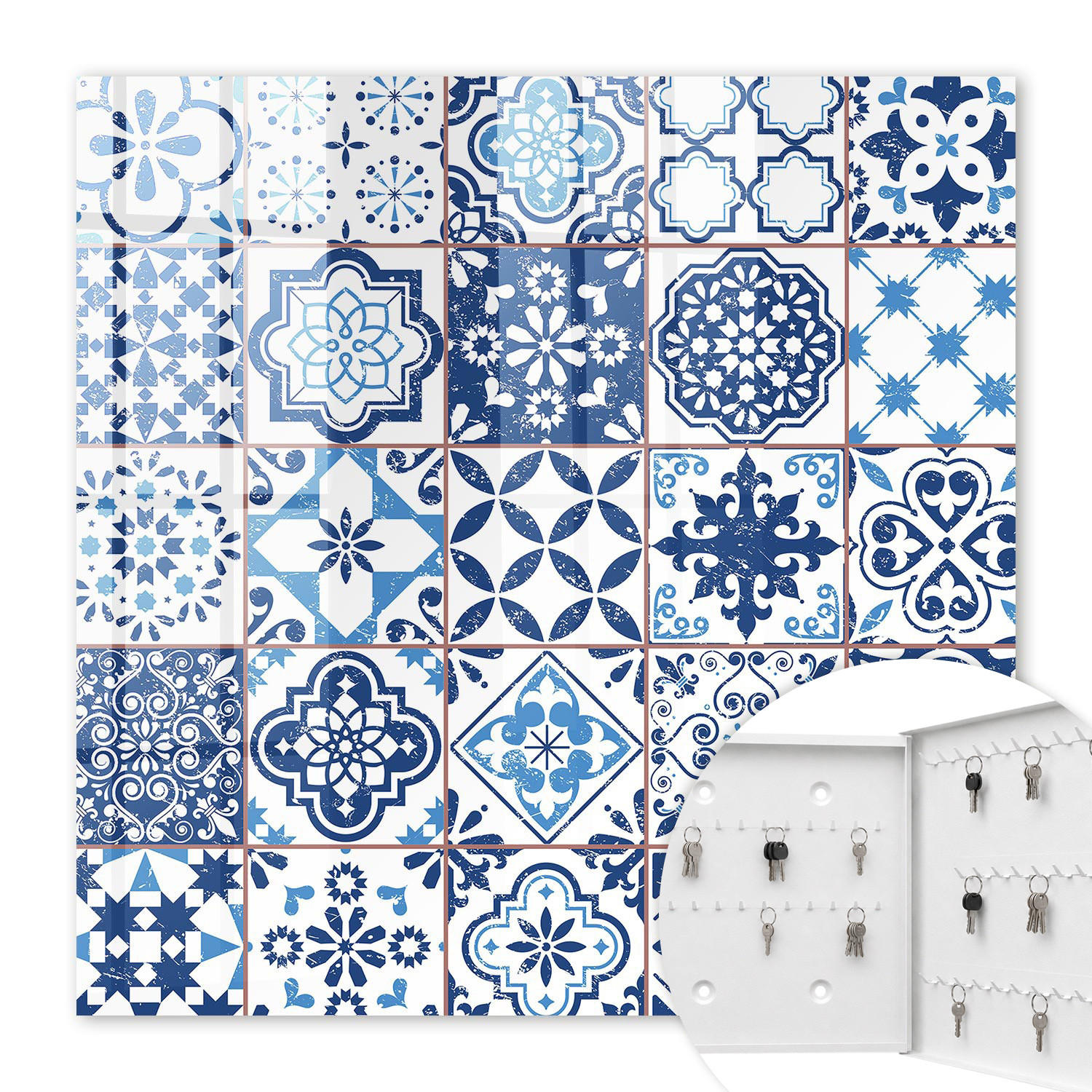 SCHLÜSSELBOX Weiß 30x30 cm – Türöffnung nach rechts - Blaue Fliesen - Blau, Metall (30/30/5cm) - TULUP