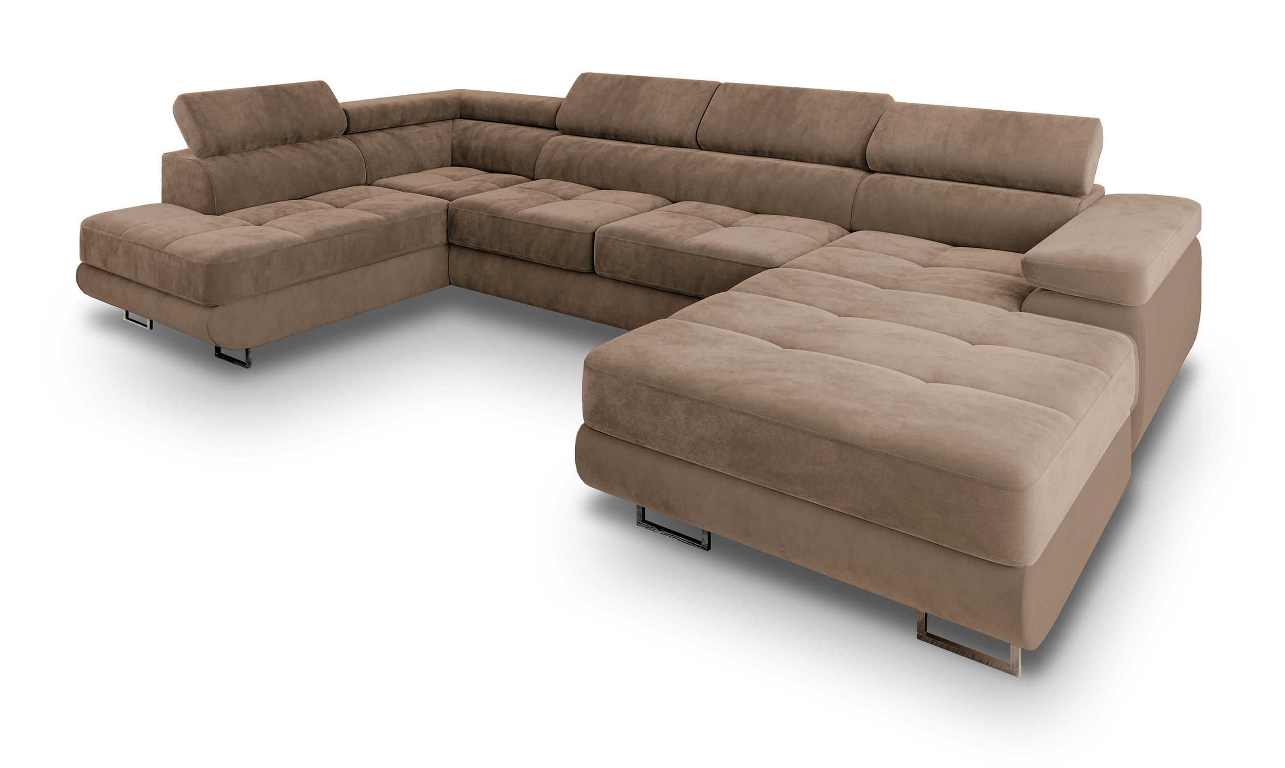 WOHNLANDSCHAFT CASONE L-S Beige Velours-Stoff mit Schlaffunktion - Beige, Holz (345/90/202cm) - MASSENO
