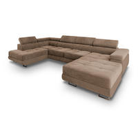 WOHNLANDSCHAFT CASONE L-S Beige Velours-Stoff mit Schlaffunktion - Beige, Holz (345/90/202cm) - MASSENO