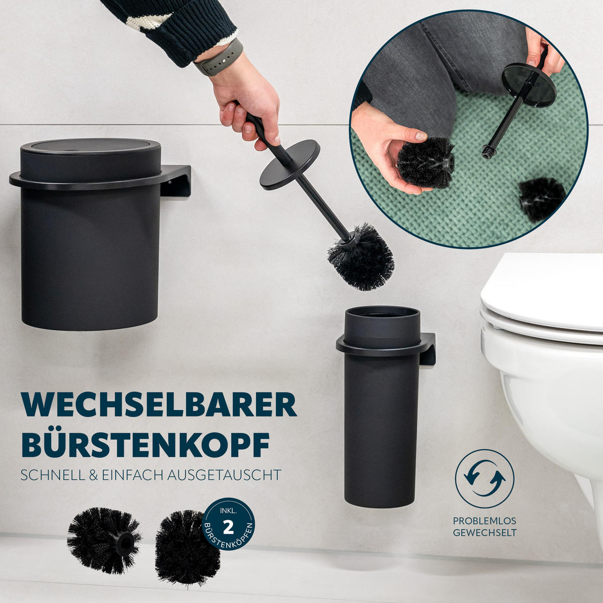 WC-GARNITUR 2-TLG. Bürste u. Eimer SAVONA Softtouch inkl. Wandhalterung, rund - schwarz - Schwarz, Kunststoff (19/24.5/19cm) - bremermann