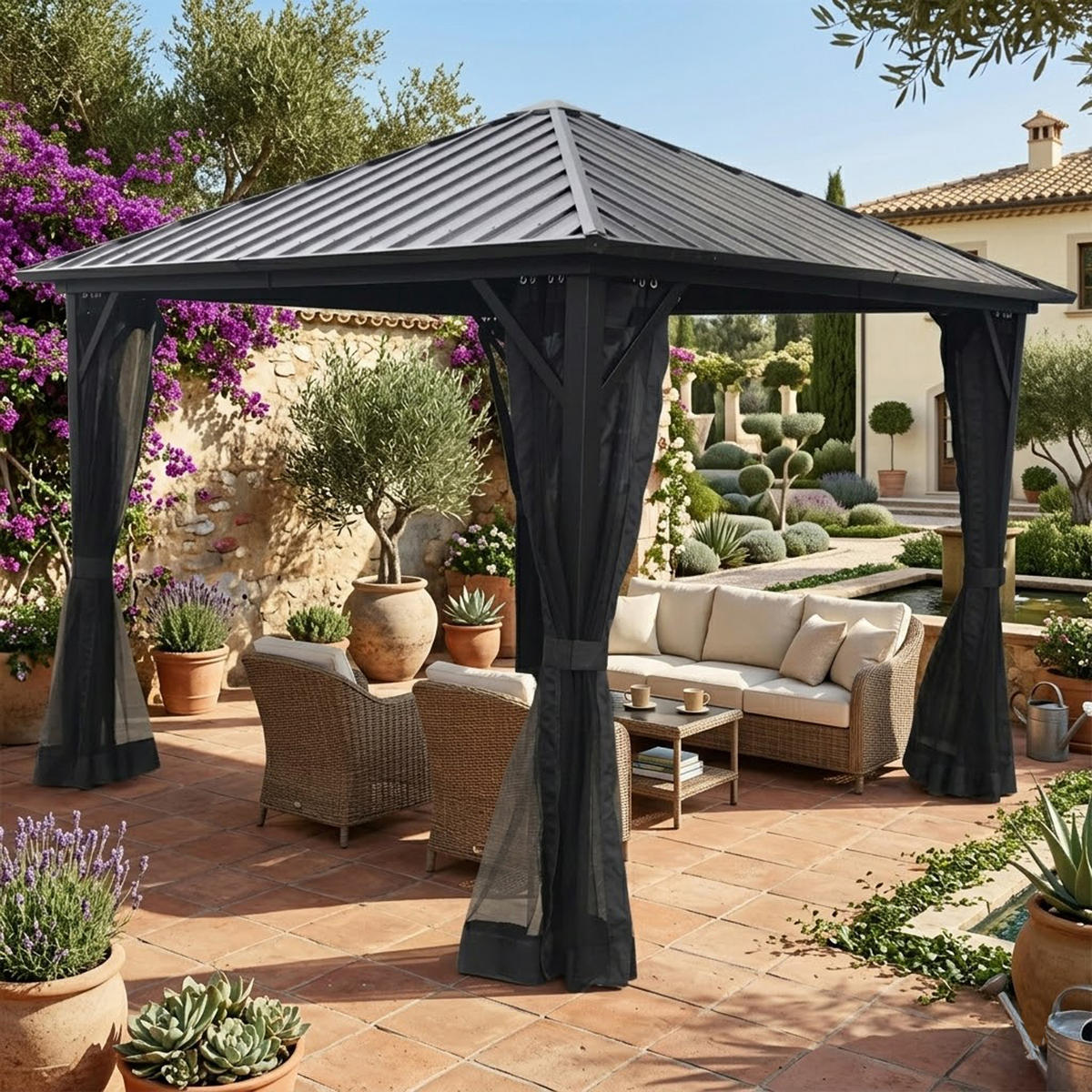 PAVILLON Paisley - 3x3 Meter, Aluminiumgestell 98x98x10mm, pulverbeschichtet. Dach aus Stahlplatten, galvanisier - Grau, Kunststoff (300/275/300cm) - TPFGarden