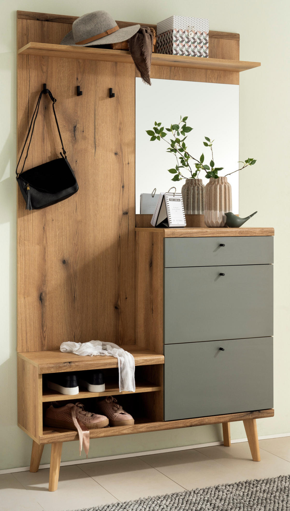 GARDEROBEN-SET Evoke Eiche, Salbei, Kompaktgarderobe skandinavisch 110 x 200 cm - Eichefarben/Salbeigrün, Glas/Holz (110/200/34cm) - Furn.Design