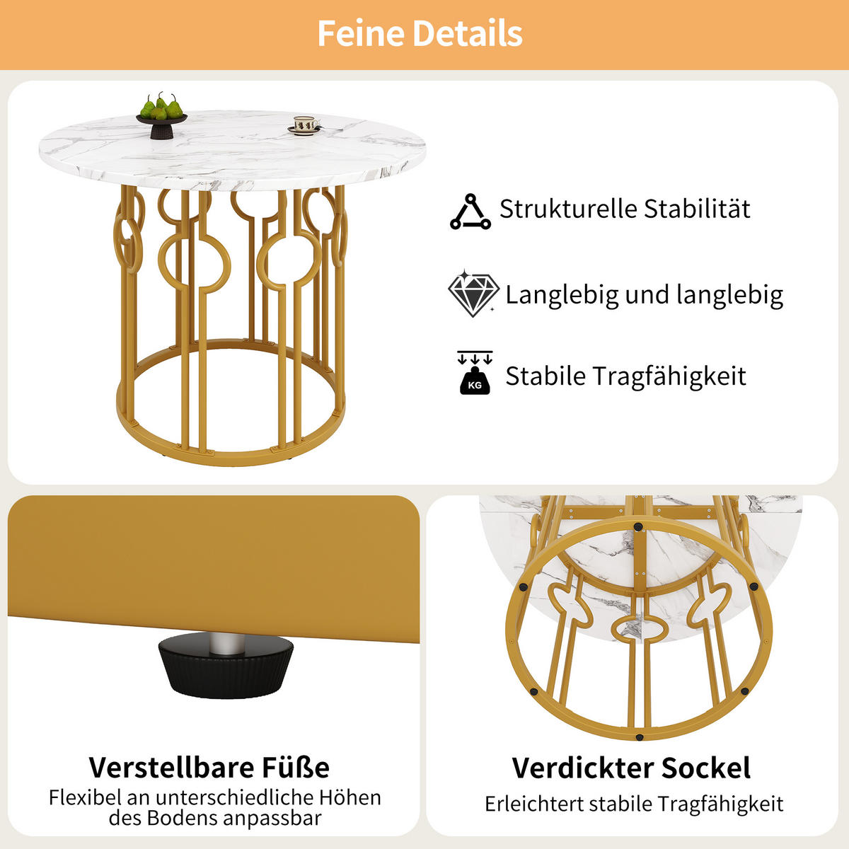 ESSTISCH Rund mit goldene Beine 100/100/76 cm - Goldfarben/Weiß, Holzwerkstoff/Metall (100/100/76cm) - Urban Meuble