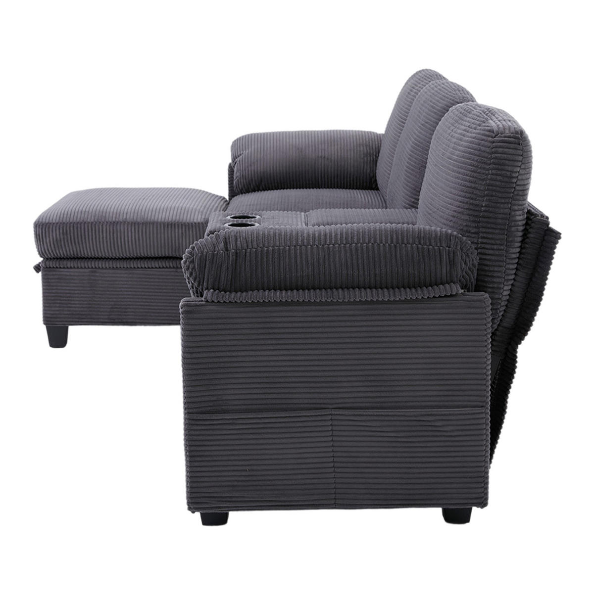 ECKSOFA aus Cord 266x136x82 cm Dunkelgrau mit USB-C-Anschluss, verschiebbarer Mittelkonsole und Stauraumhocker - Dunkelgrau, Textil (136/266cm) - Modfu
