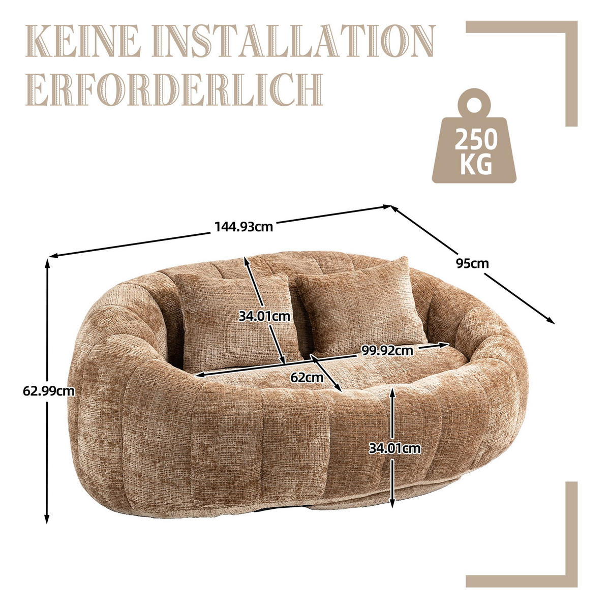 SITZSACK Chenille, Sofa mit 3 extra Kopfkissen,Braun - Braun, Textil (145/63/95cm) - LVHOM