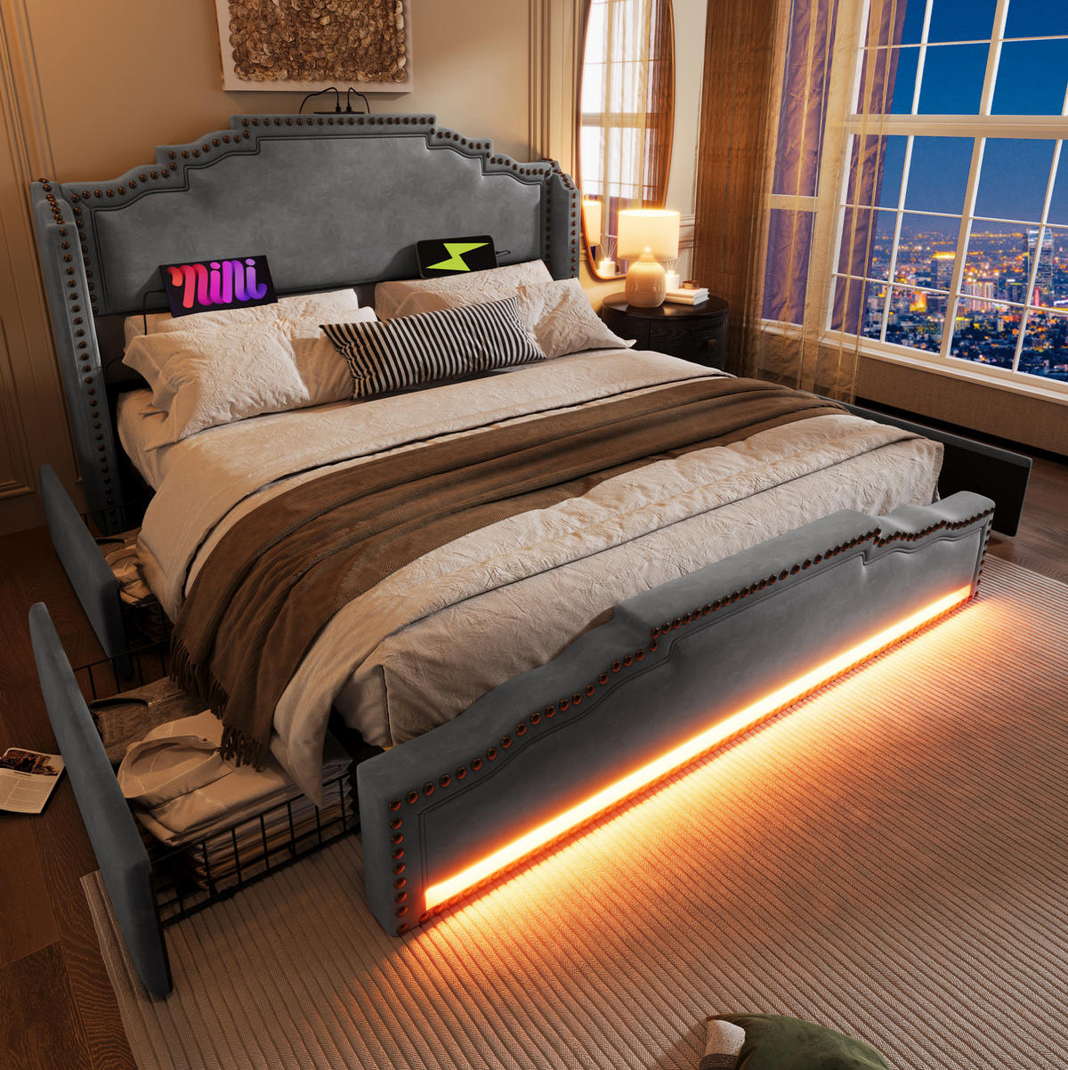 POLSTERBETT 140/200 cm Grau mit LED-Beleuchtung, Stauraum und USB-Anschlüssen - Grau, Textil (140/200cm) - Flora Grace