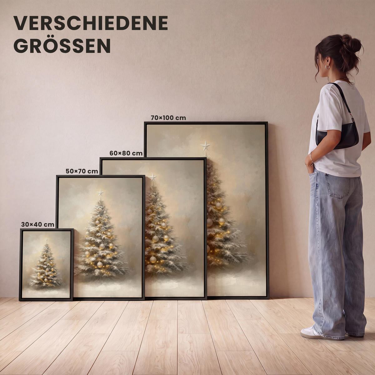 LEINWAND Bilder mit Rahmen - Weihnachten - Weihnachtsbaum - Schnee - Kunst - 50x70 - Champagner, Textil (50/70cm) - MuchoWow