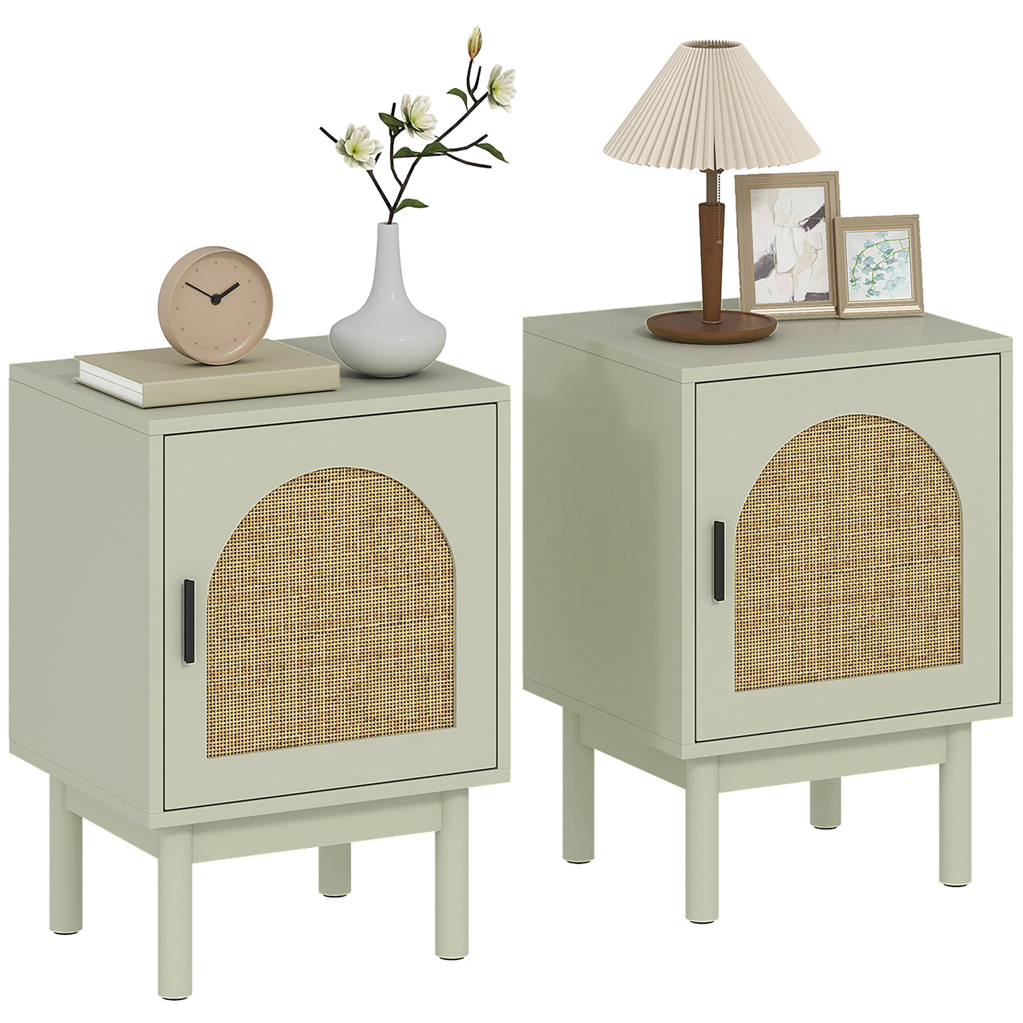 NACHTSCHRANK 2er-Set DE-12925 geflochtene Tür und verstellbares Regal Hellgrün - Grün, Holzwerkstoff (35/58/40cm) - ComfortXL