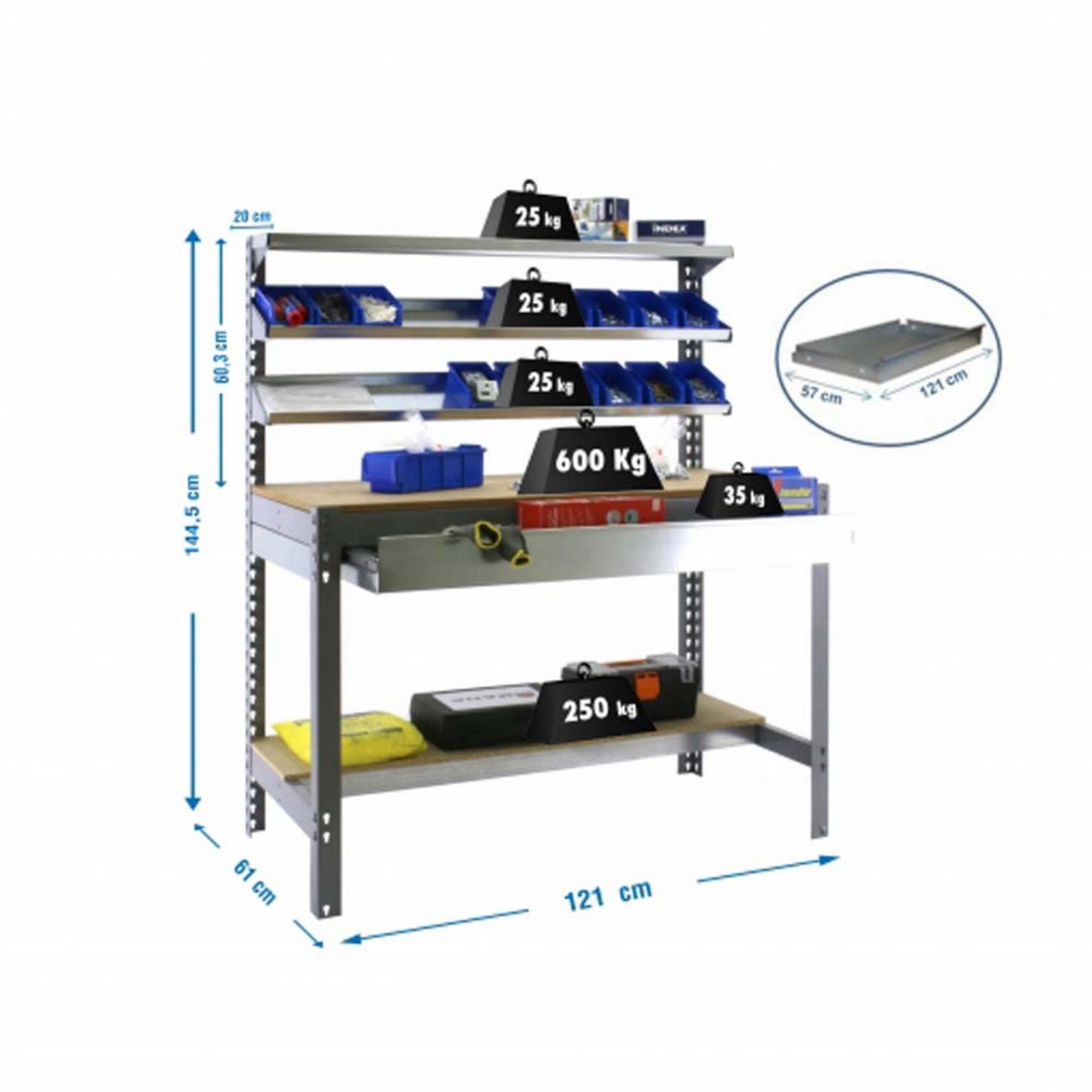WERKBANK BUFFALO mit Frontablage und Schubfach | HxBxT 84x120x61cm | Traglast 600kg | Grau - Grau, Metall (120/84/61cm) - PROREGAL