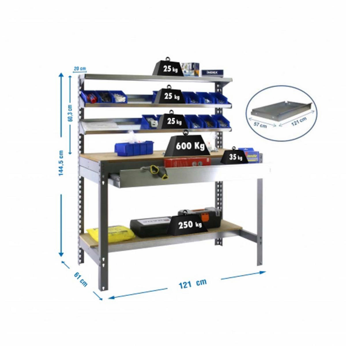 WERKBANK BUFFALO mit Frontablage und Schubfach | HxBxT 84x120x61cm | Traglast 600kg | Grau - Grau, Metall (120/84/61cm) - PROREGAL