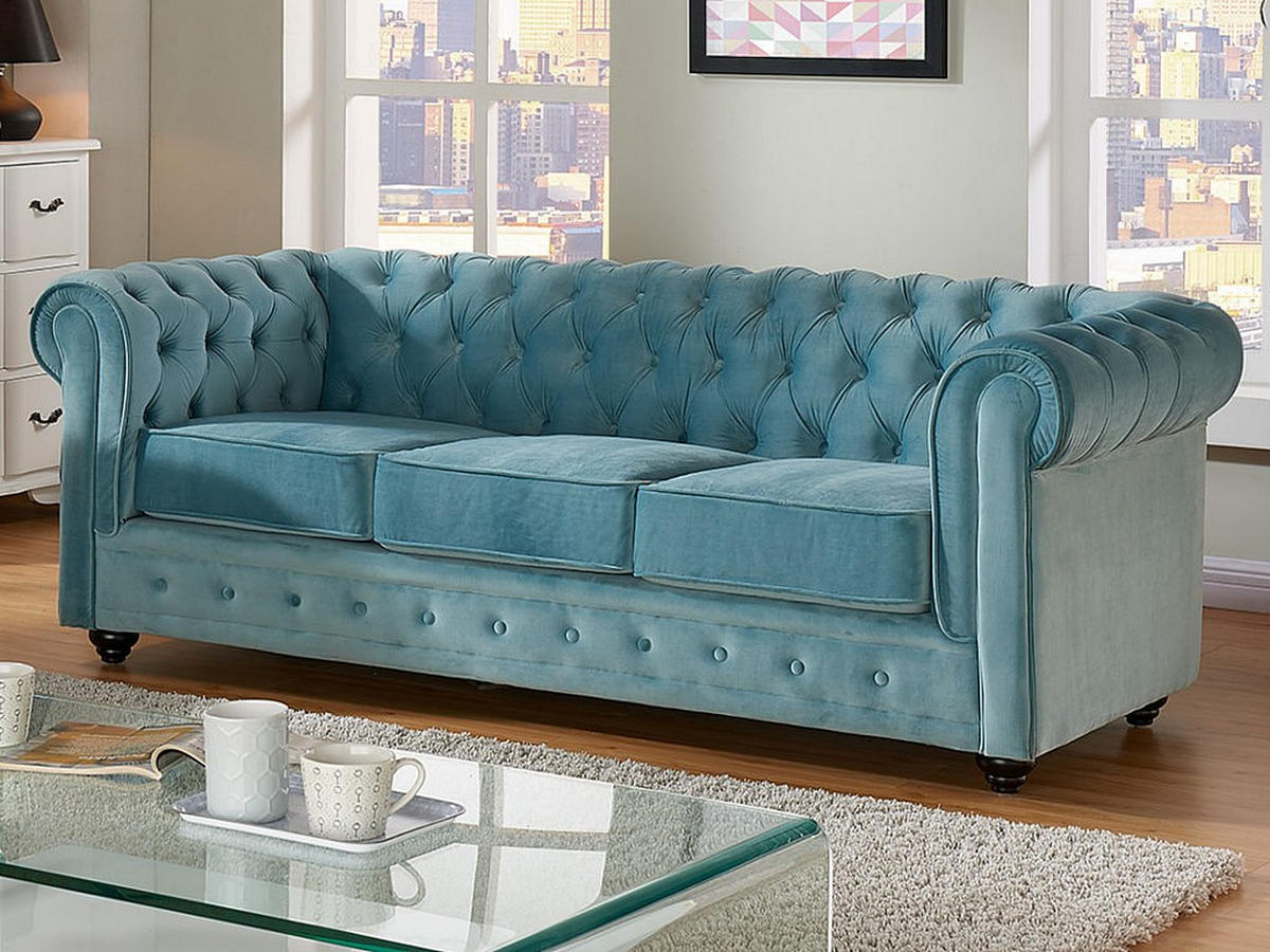 SOFA 3-Sitzer - Samt - Hellblau - CHESTERFIELD - Hellblau, Textil (205/72/88cm) - Vente-Unique
