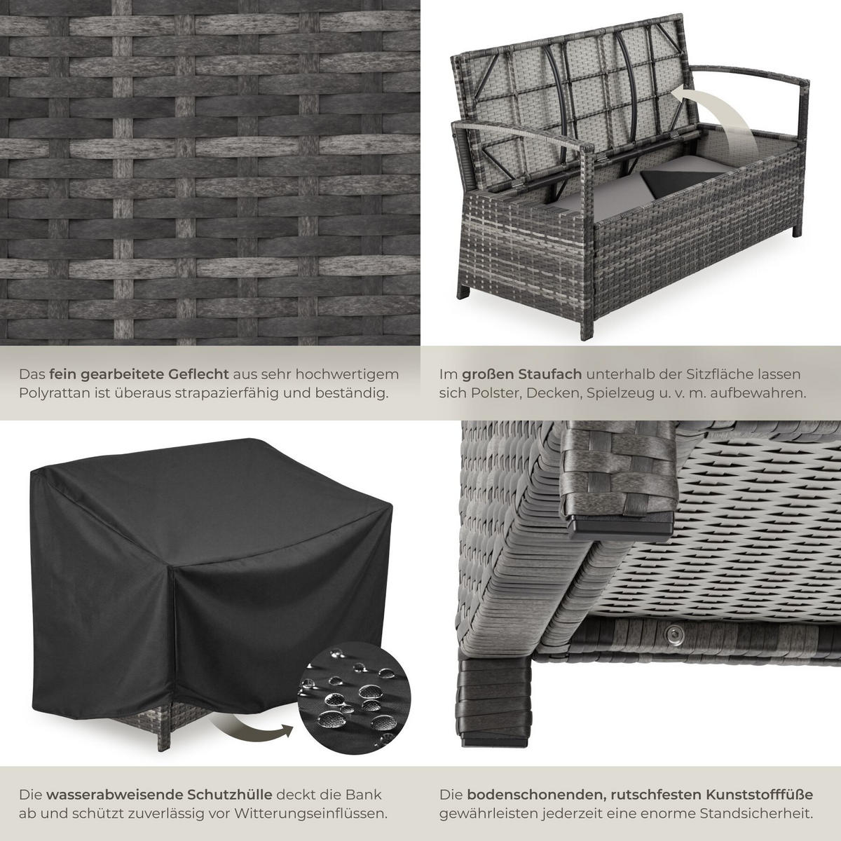 RATTAN-GARTENBANK Vecchia, 128 x 56 x 77,5 cm, inklusive Schutzhülle, grau - Grau, Kunststoff (128/77.5/56cm) - tectake