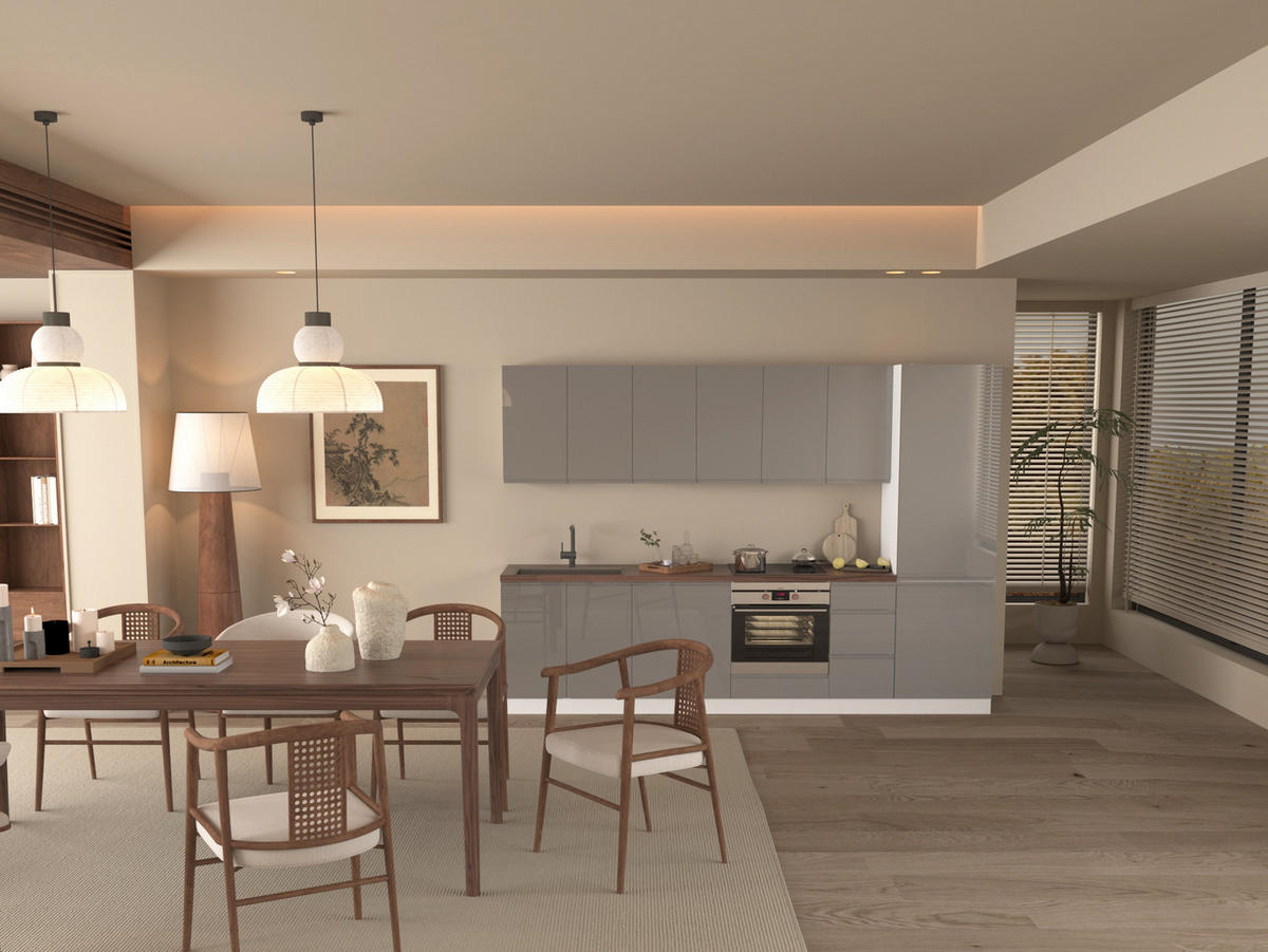 KÜCHENZEILE 300 cm - Aspen KA5-M300 - in Grau/Hochglanz - Grau, Holz (300/212/58cm)