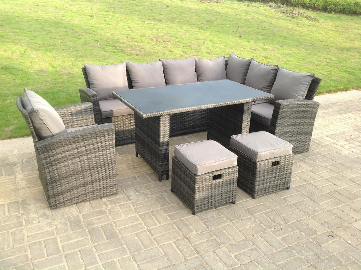 GARTEN-ECKSOFAGARNITUR mit Esstisch Polyrattan Dunkelgrau 9-Sitzer - Dunkelgrau/Grau, Glas/Kunststoff - Fimous
