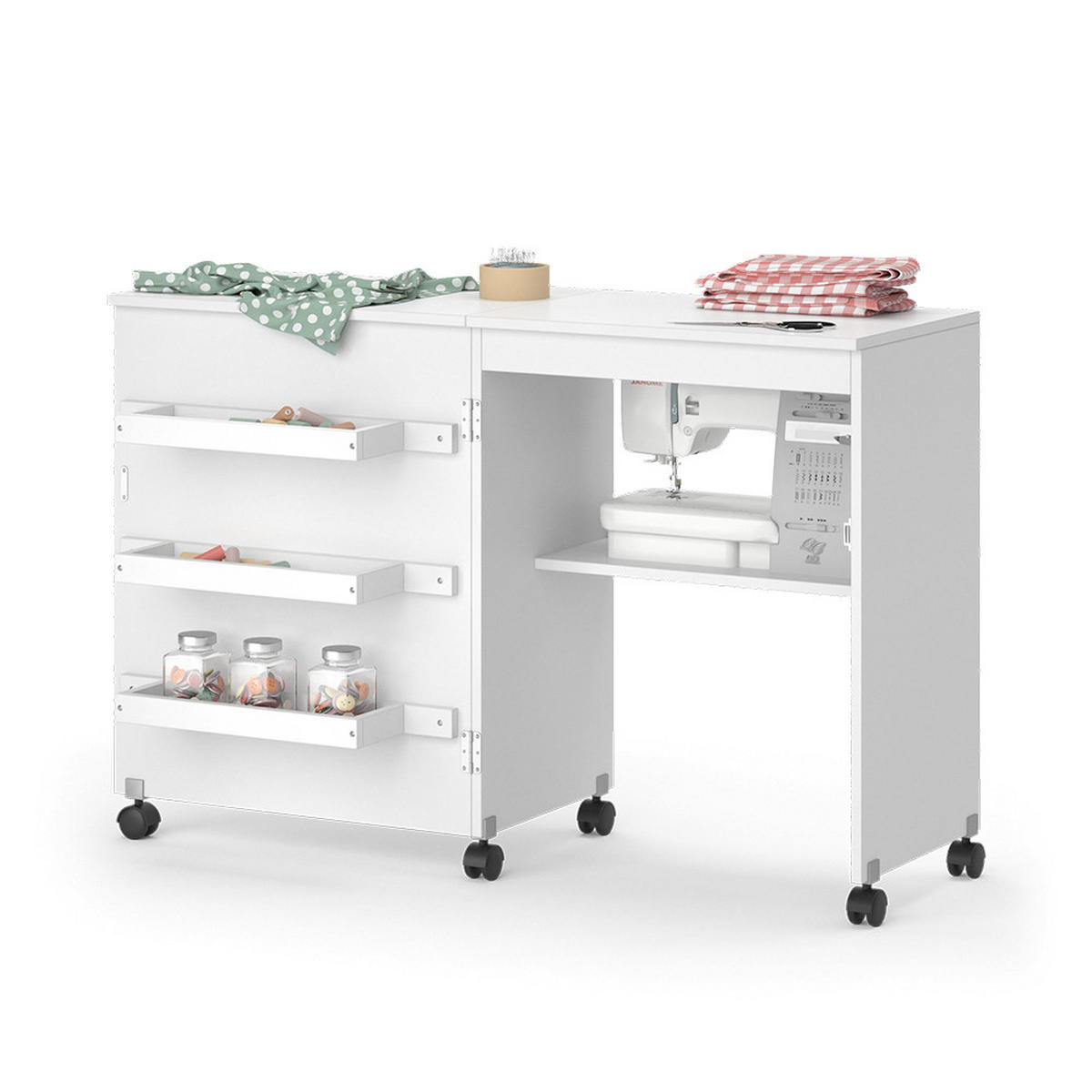 NÄHTISCH Carmen Weiß 118 x 79.3 cm mit 3 Regalen - Weiß, Holzwerkstoff (40/118/77.5cm) - Vicco