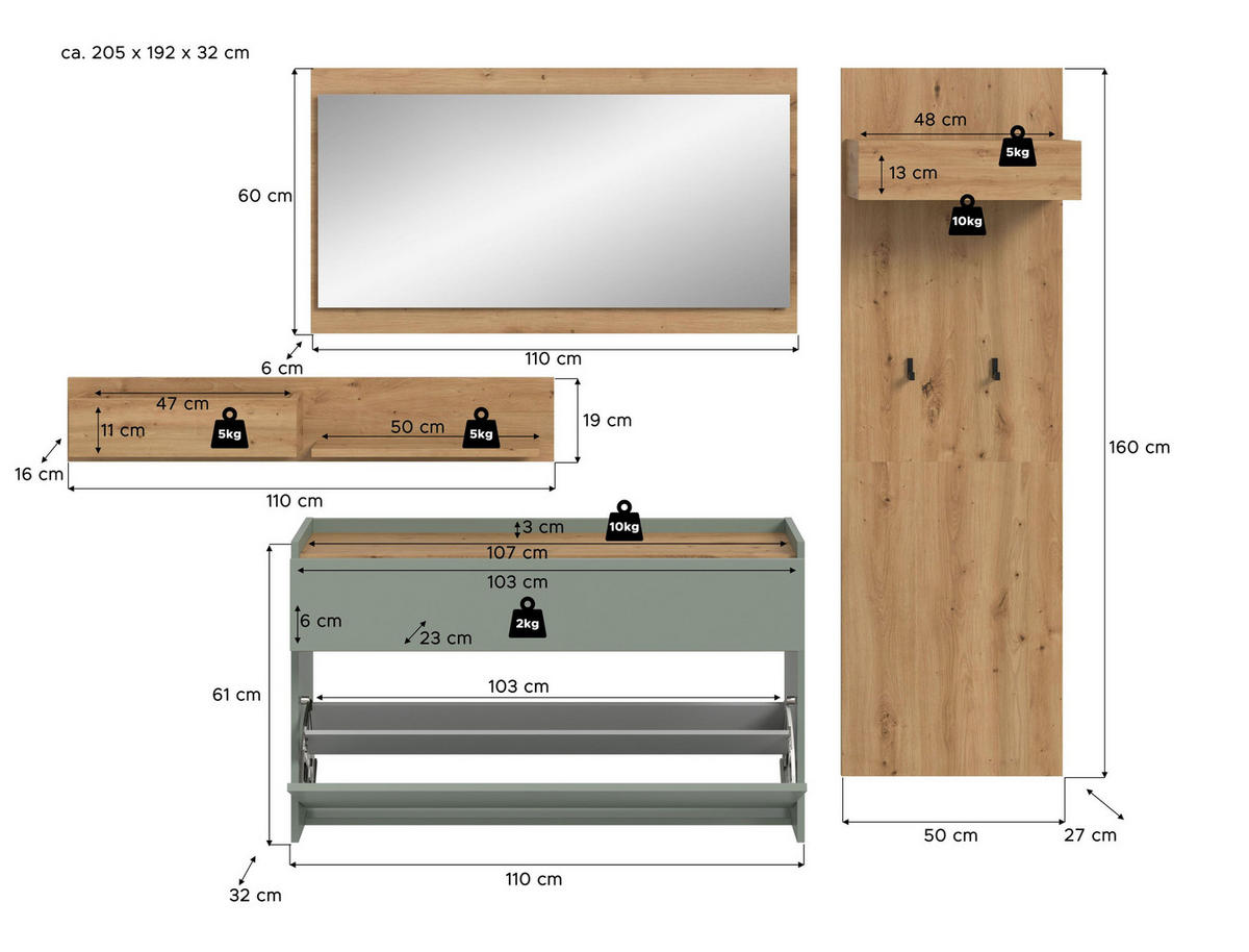 GARDEROBE Flow (B/H/T: ca. 205/192/32 cm) 4 tlg. in Salbei/Salbei - Salbeigrün, Holzwerkstoff (205/192/32cm) - Homes & Jones