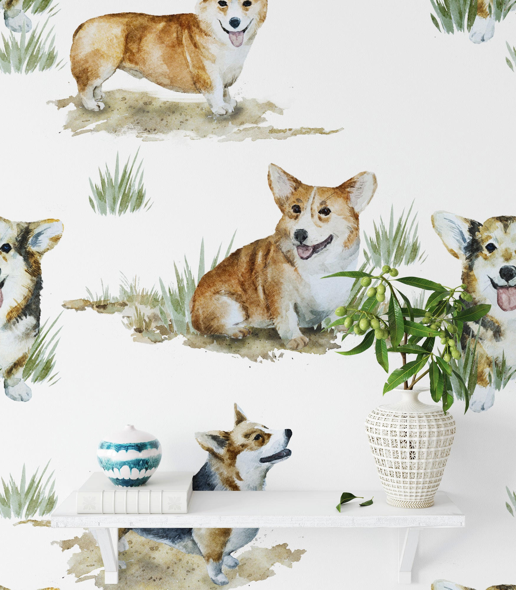 TAPETE Corgi aus echtem Papier, 200x280cm, 8 Bögen - Weiß, Papier (280/200cm) - WALLPAPERS4BEGINNERS