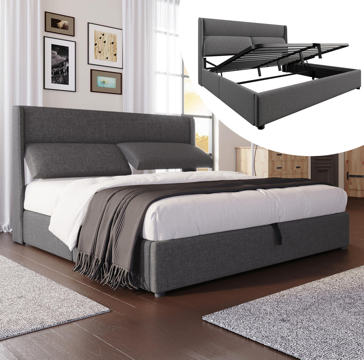 ČALÚNENÁ posteľ 140/200 cm sivá s úložným priestorom a nastaviteľným čelom z ľanovej tkaniny - sivá, textil (140/200cm) - OKWISH
