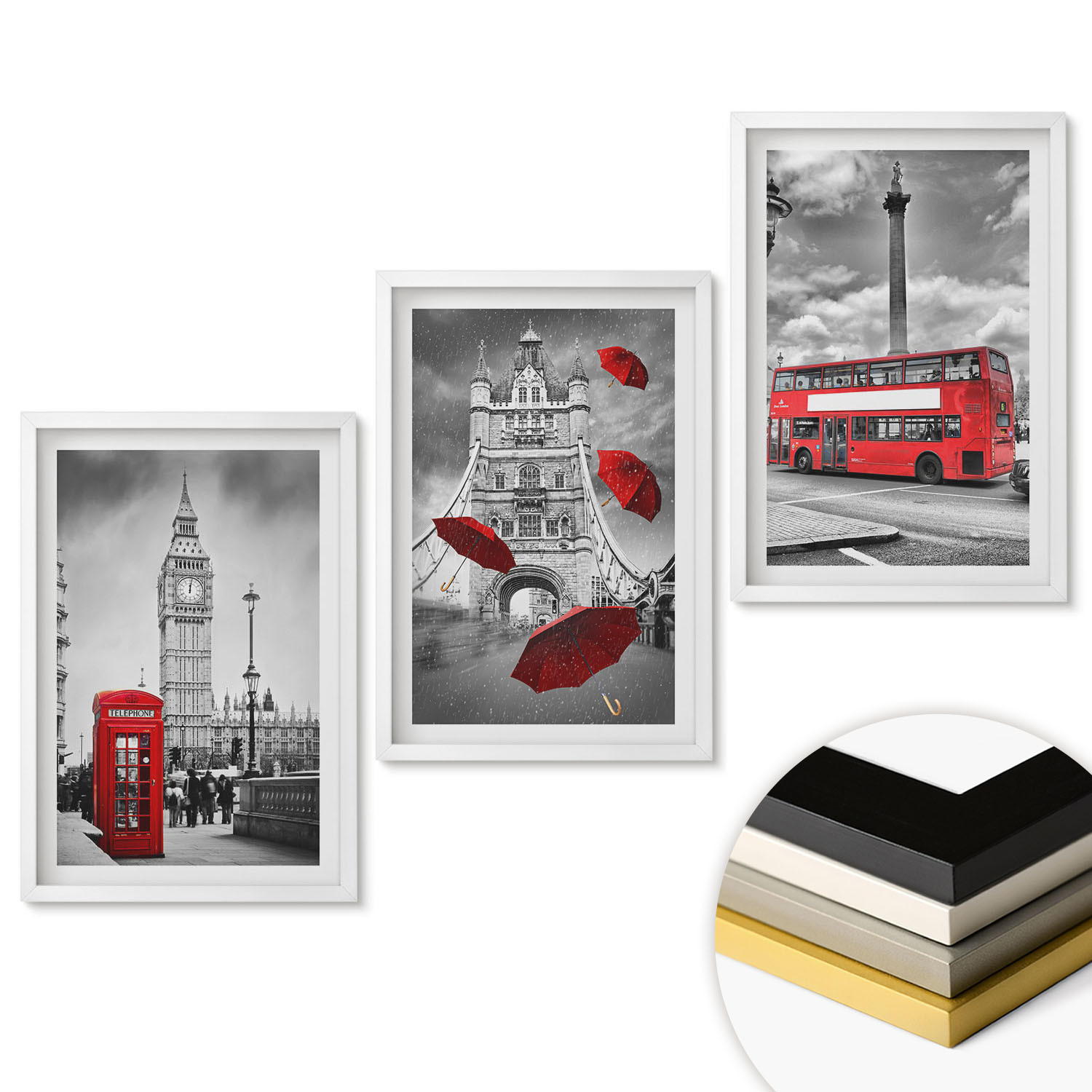 WANDBILDER 3er-Set - 40x60 cm Weißer Rahmen - Roter Regenschirmstand und Londoner Bus - Weiß, Kunststoff (40/60cm) - ArtPrintCave