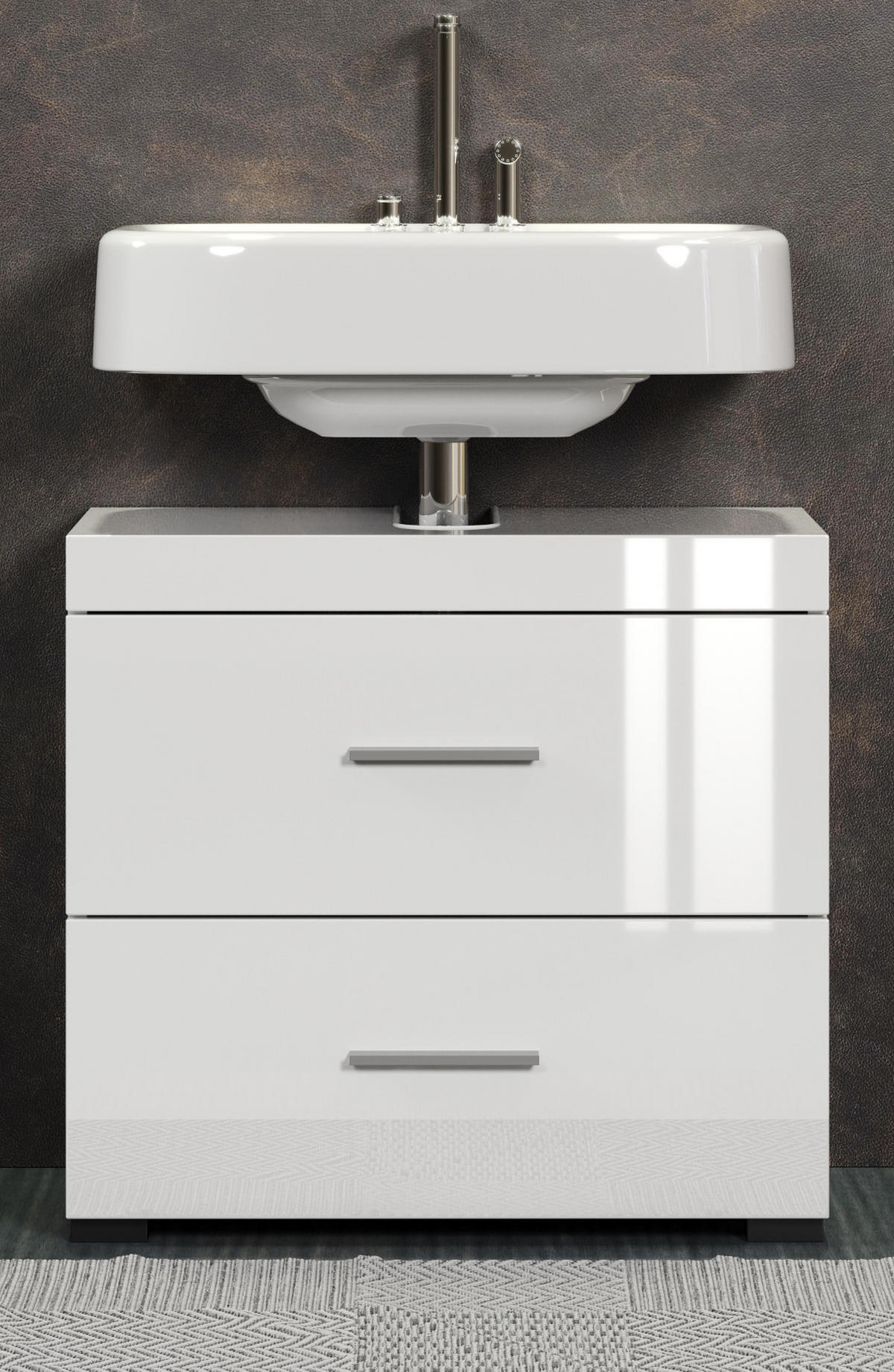 WASCHBECKENUNTERSCHRANK weiß Hochglanz 60 cm, Badschrank mit Schubladen - Weiß Hochglanz/Alufarben, Holzwerkstoff/Kunststoff (60/56/34cm) - Top.Furn