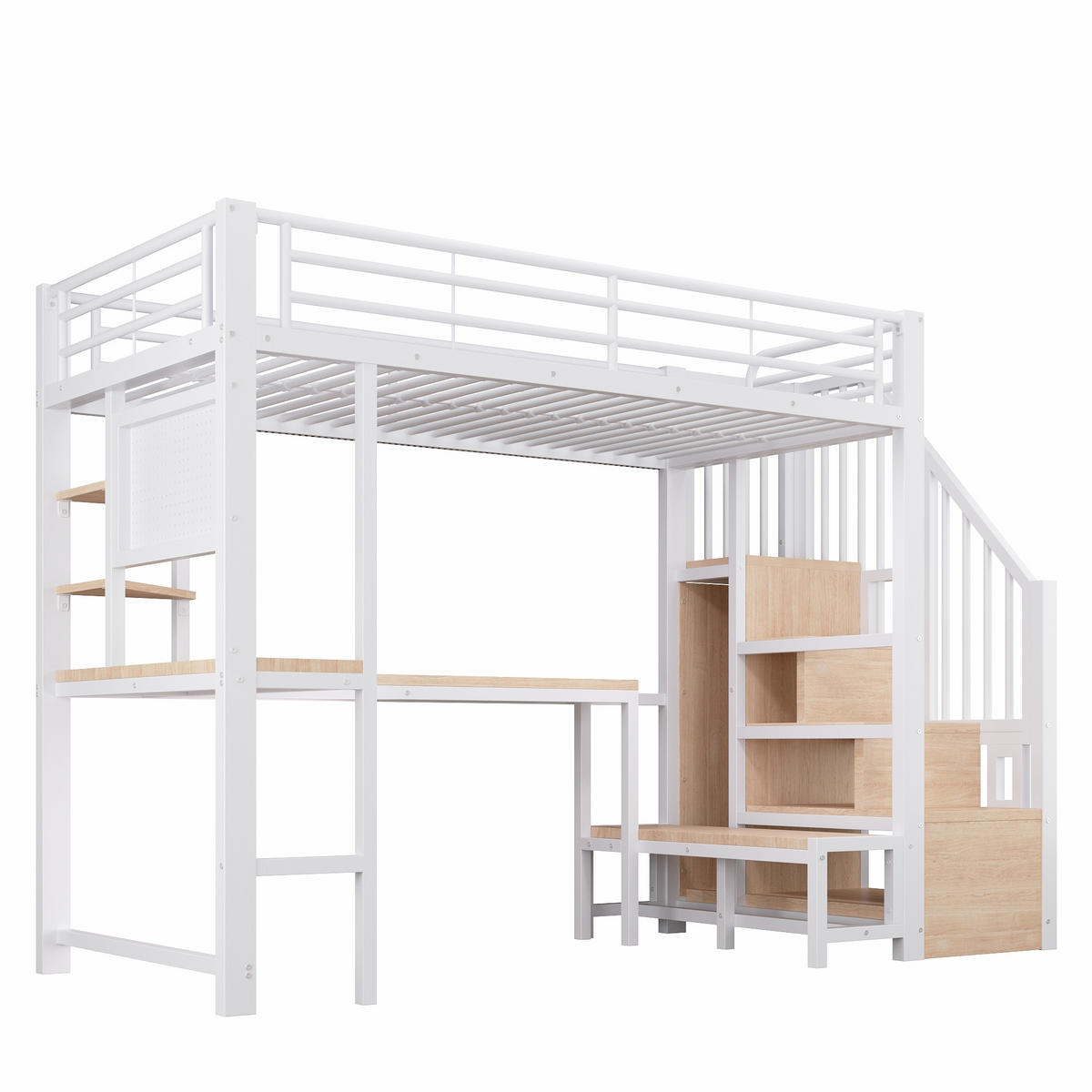 HOCHBETT 90/200 cm Weiß mit Schreibtisch, trapezförmiger Schrank und LED-Beleuchtung - Weiß, Metall (90/200cm) - Oxeza