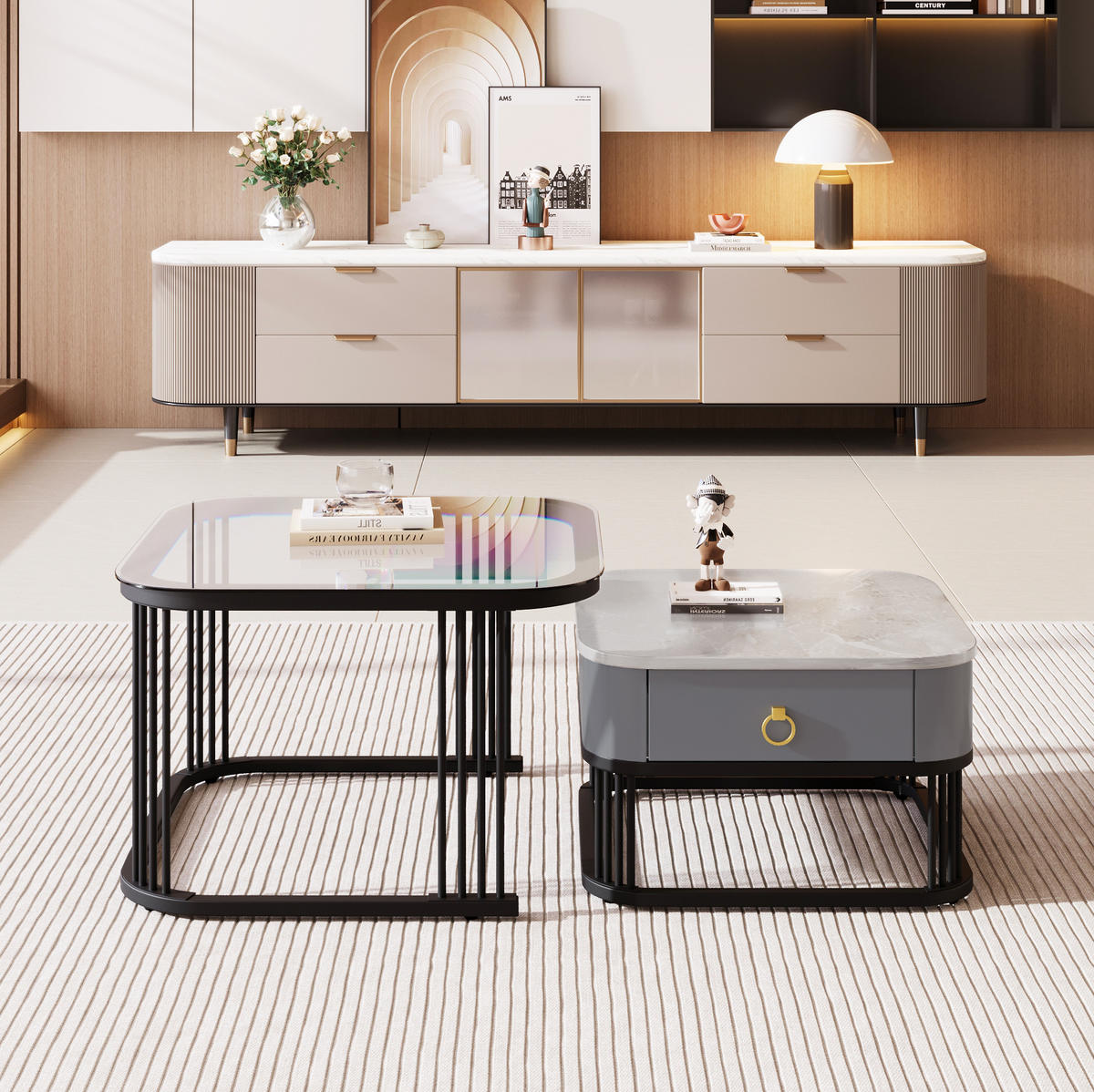 KONFERENČNÍ stolek 60/60/44,5 cm černý a šedý z MDF s vnořeným designem a zásuvkami - černá, kompozitní dřevo (60/60/45cm) - OKWISH