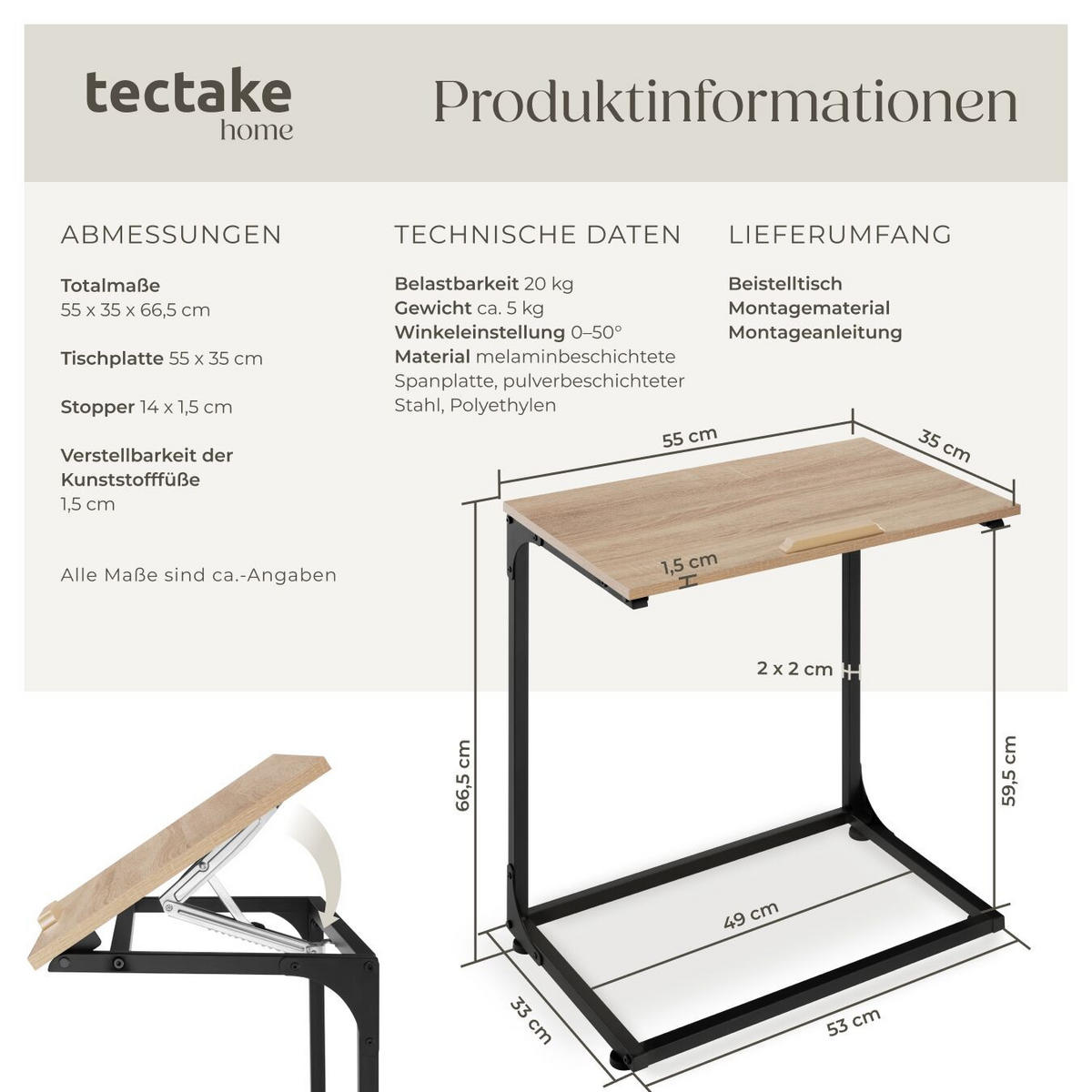 BEISTELLTISCH Ruston, 55 x 35 x 66,5 cm, Industrial Holz hell, Eiche Sonoma - Naturfarben, Holzwerkstoff (55/35/66.5cm) - tectake