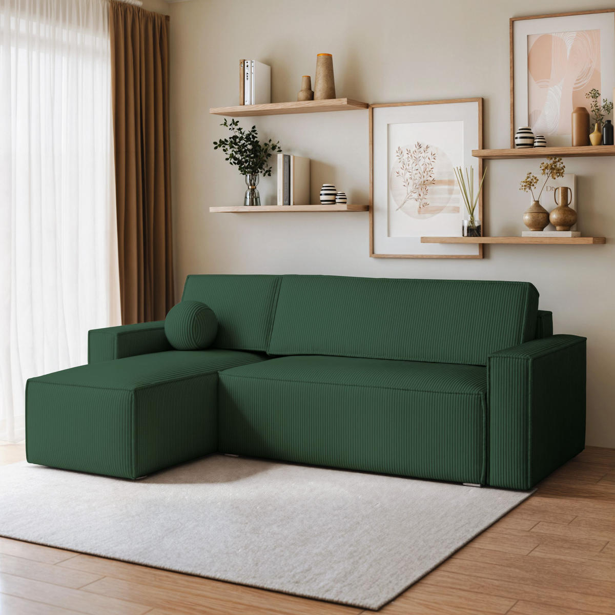 ECKSOFA RAVELO P Grün Kordstoff mit Schlaffunktion - Grün, Holz (240/140cm) - MASSENO