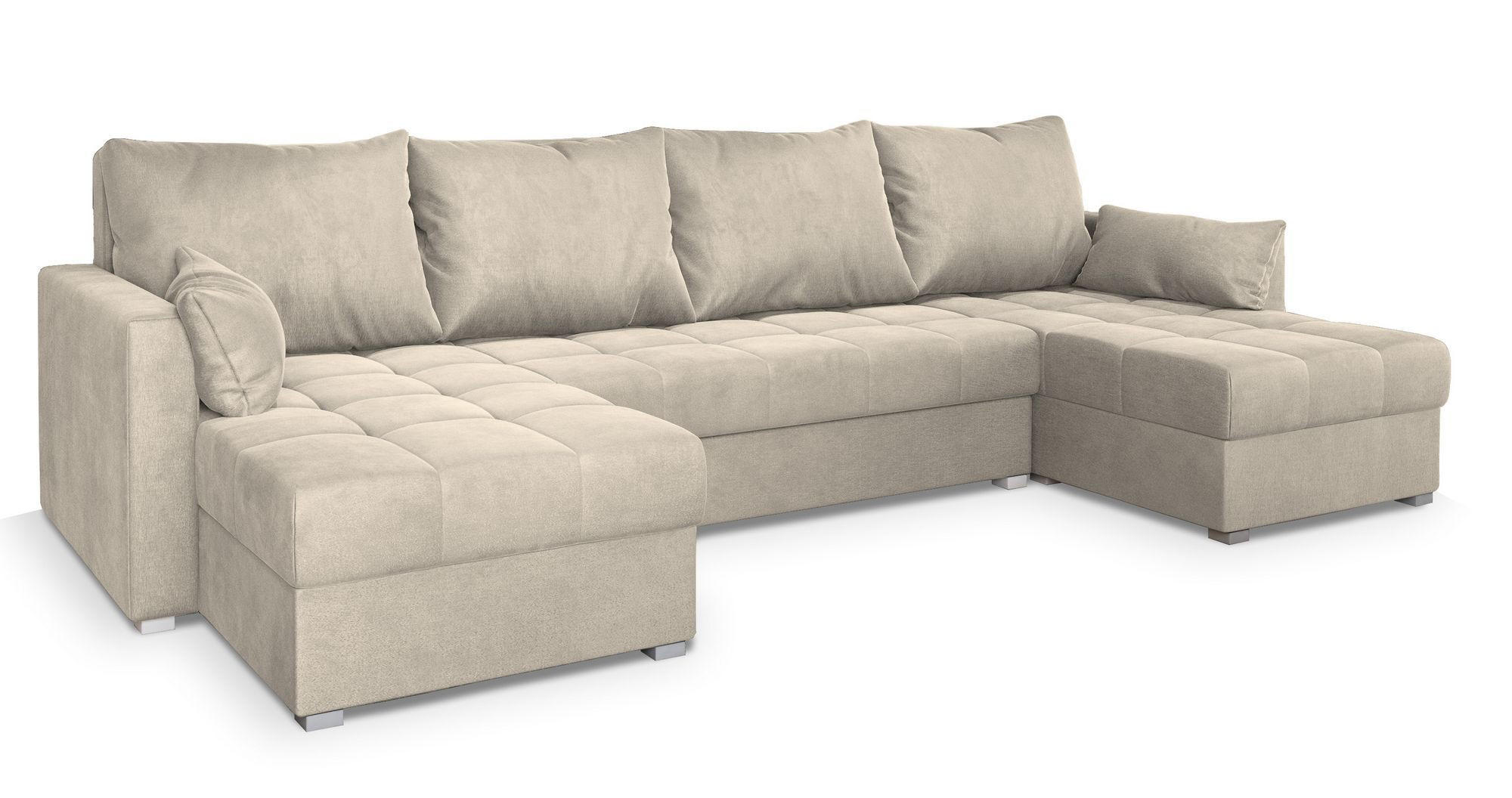 WOHNLANDSCHAFT NAKO M Creme Velours-Stoff mit Schlaffunktion - Creme, Holz (285/85/140cm) - MASSENO