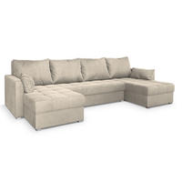 WOHNLANDSCHAFT NAKO M Creme Velours-Stoff mit Schlaffunktion - Creme, Holz (285/85/140cm) - MASSENO