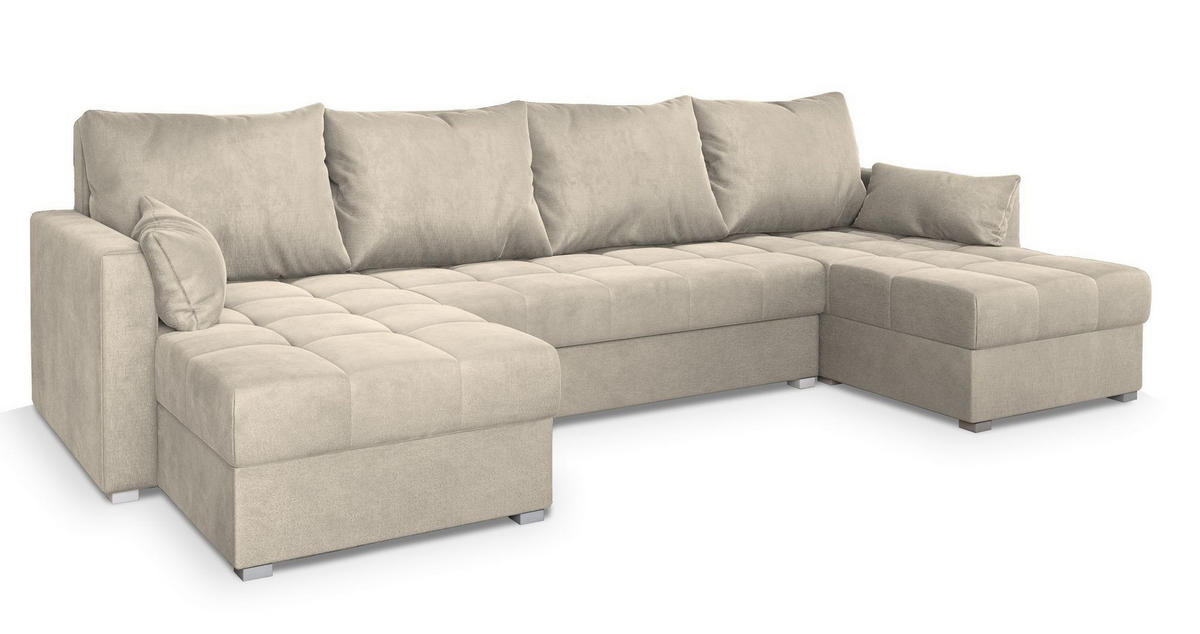WOHNLANDSCHAFT NAKO M Creme Velours-Stoff mit Schlaffunktion - Creme, Holz (285/85/140cm) - MASSENO