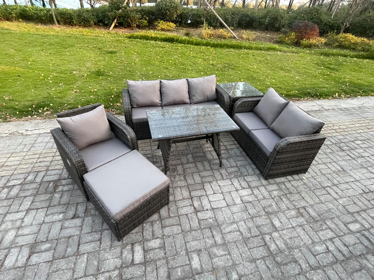 GARTENMÖBEL SET Polyrattan Dunkelgrau 7-Sitzer - Dunkelgrau/Grau, Glas/Kunststoff - Fimous