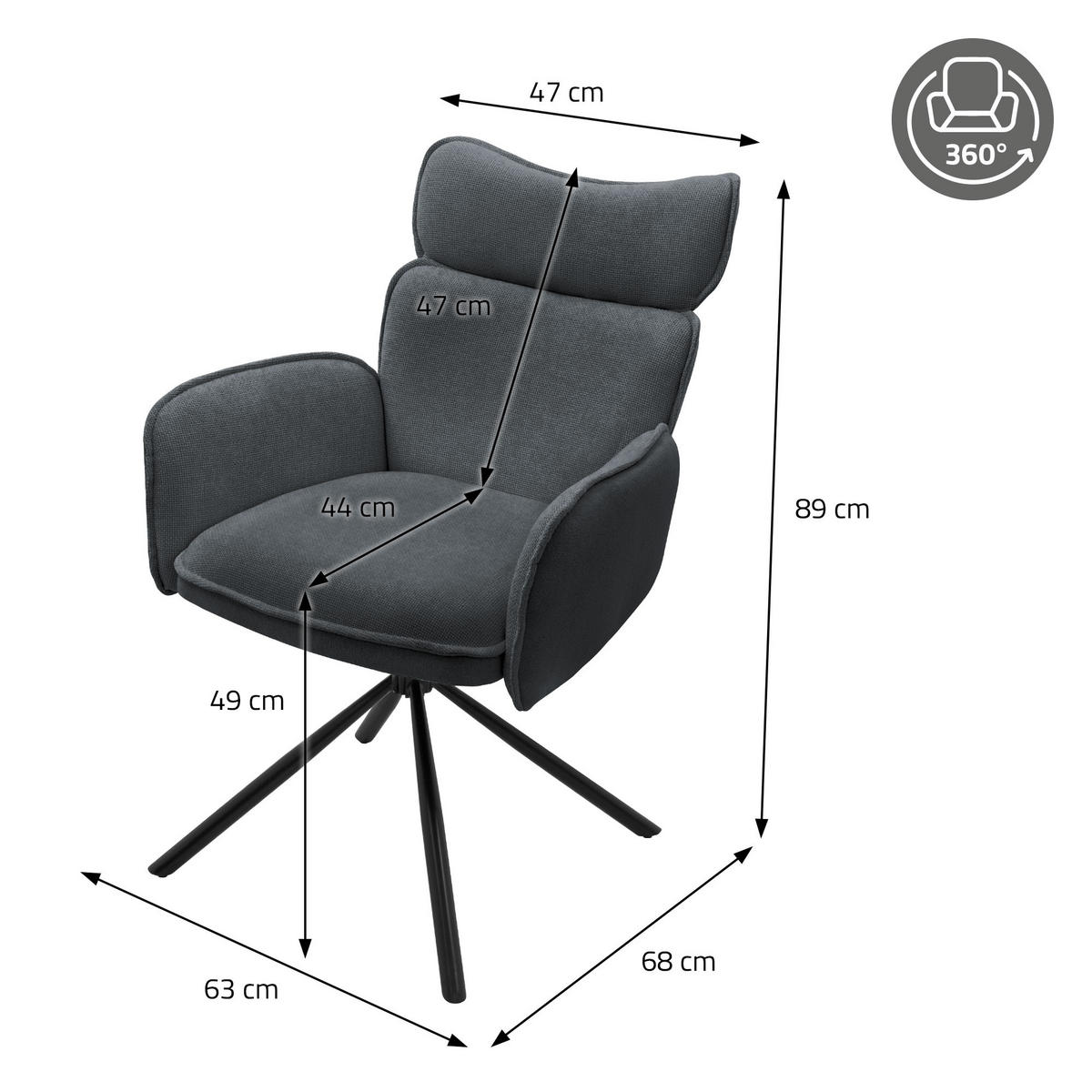 ESSZIMMERSTÜHLE 6er Set drehbar Anthrazit mit Stoffbezug - Anthrazit/Schwarz, Textil/Metall (63/89/68cm) - ML-DESIGN