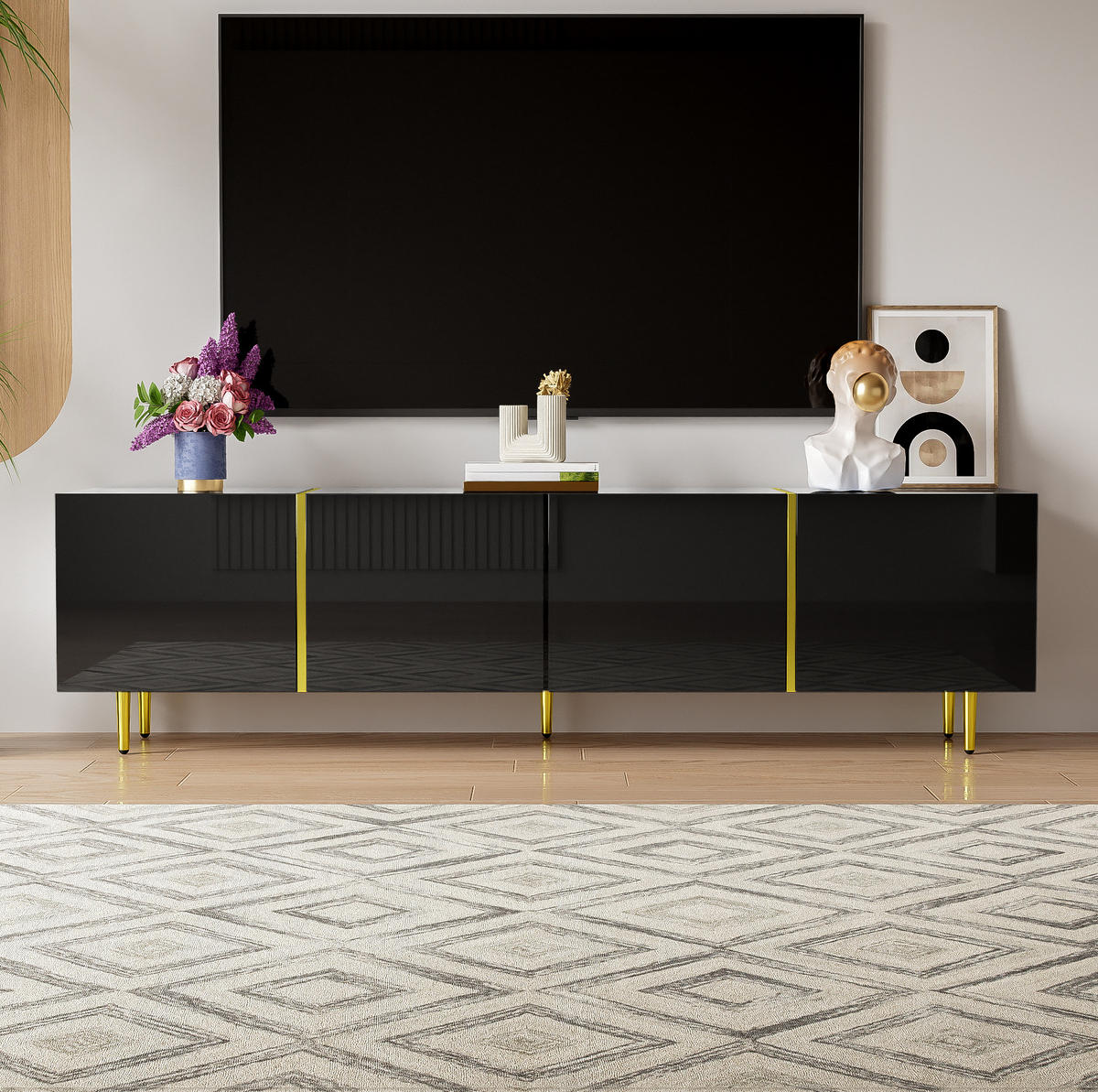 TV-LOWBOARD 170/35/46 cm in Schwarz Hochglanz mit 4 Türen - Schwarz, Holzwerkstoff (170/46/35cm) - Flora Grace
