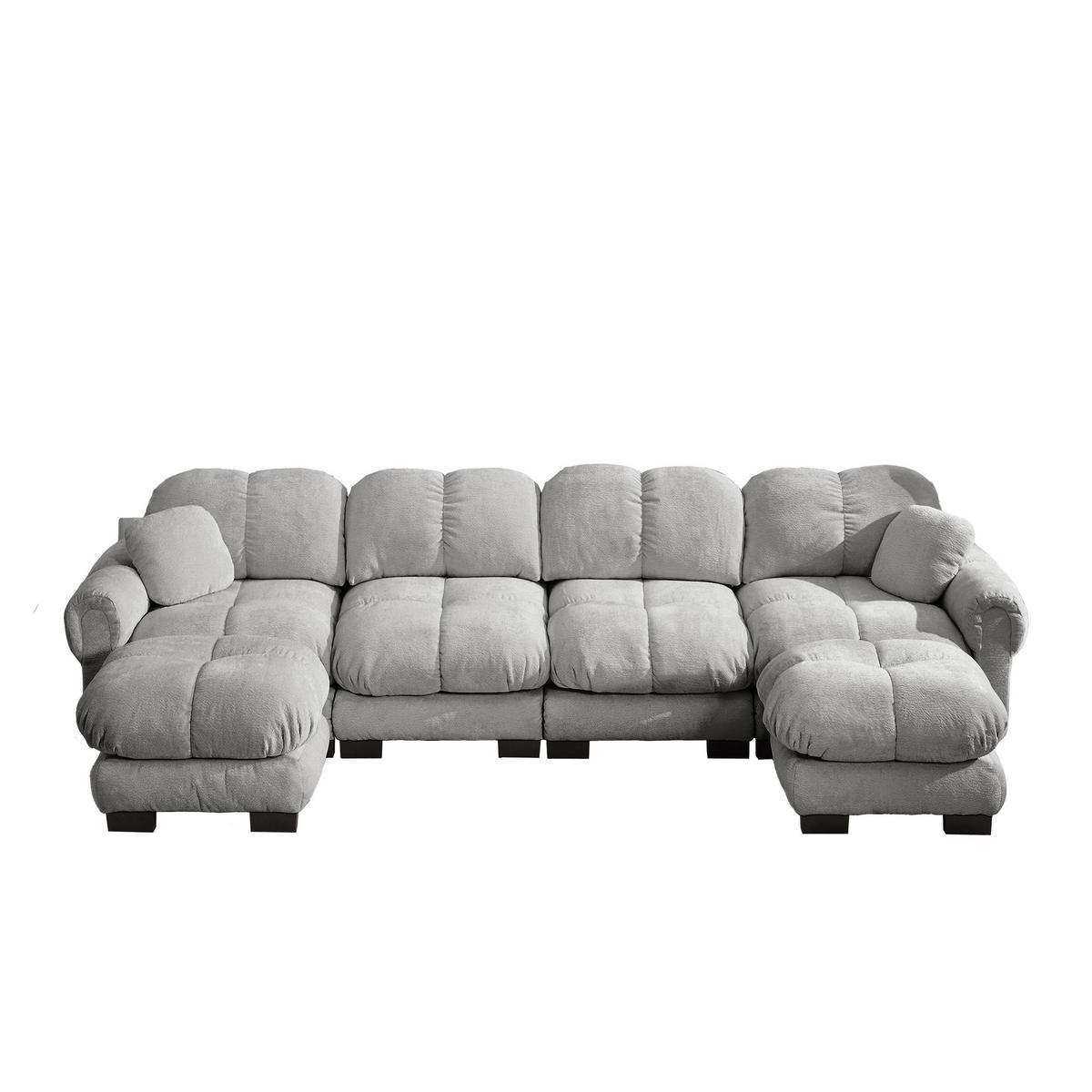 WOHNLANDSCHAFT DE-34384 U-Form mit 2 Ottomans und Steppdesign Hellgrau - Hellgrau, Textil (149/90/330cm) - ComfortXL