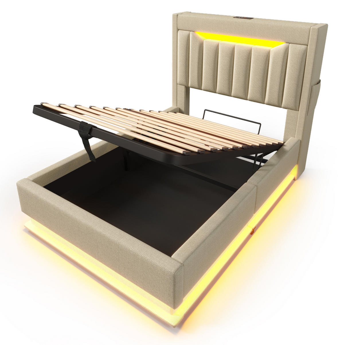 POLSTERBETT mit Stauraum 90x200 cm Leinen Beige mit LED und USB - Beige, Metall (90/200cm) - Meubliv