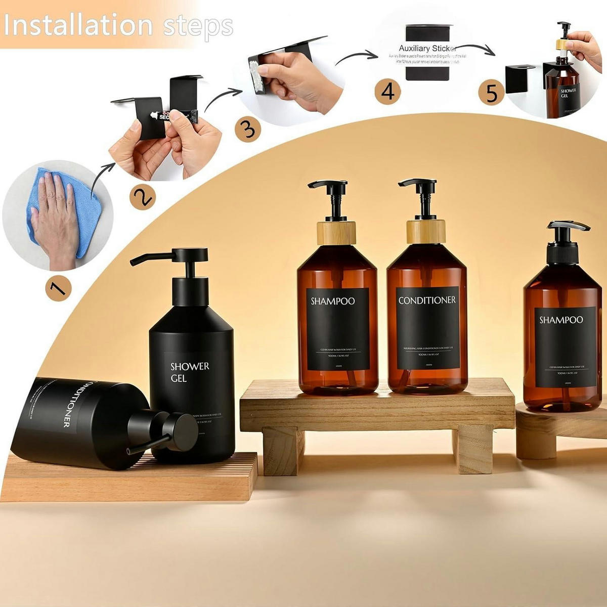 SEIFENSPENDER Set Schwarz 3-teilig 500ml Wandmontage Ohne Bohren - Schwarz, Kunststoff (8/23/20cm)