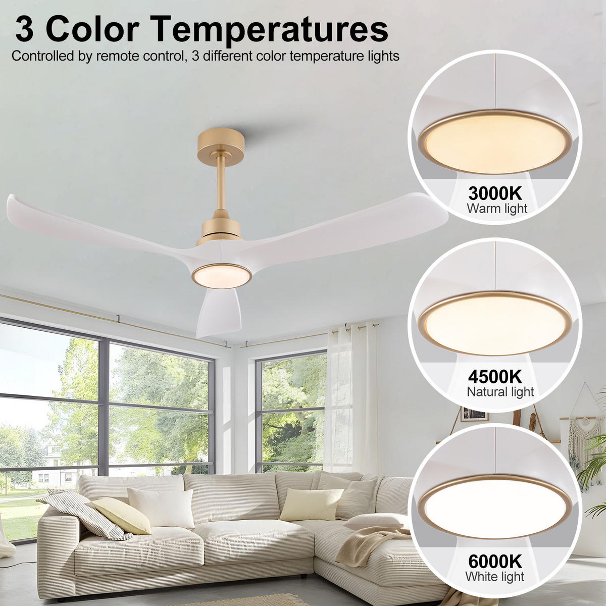 DECKENVENTILATOR DE-16247 52 Zoll mit Fernbedienung & LED Weiß/Gold - Weiß, Kunststoff (132/132/48cm) - ComfortXL