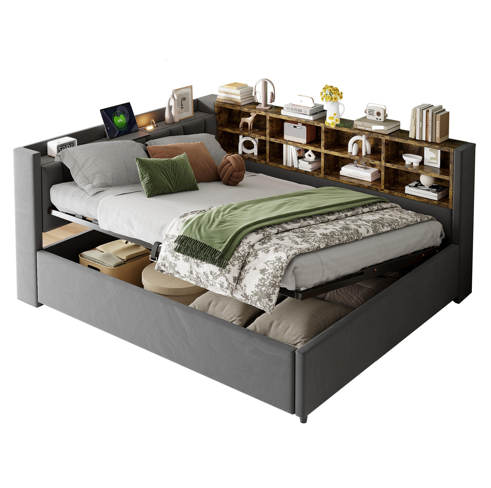 POLSTERBETT Schlafsofa aus Samt 140x200 cm Dunkelgrau mit Hydraulik-Stauraum, Nachtlicht, USB- und Typ-C-Anschlüssen - Grau, Textil (140/200cm) - Modfu