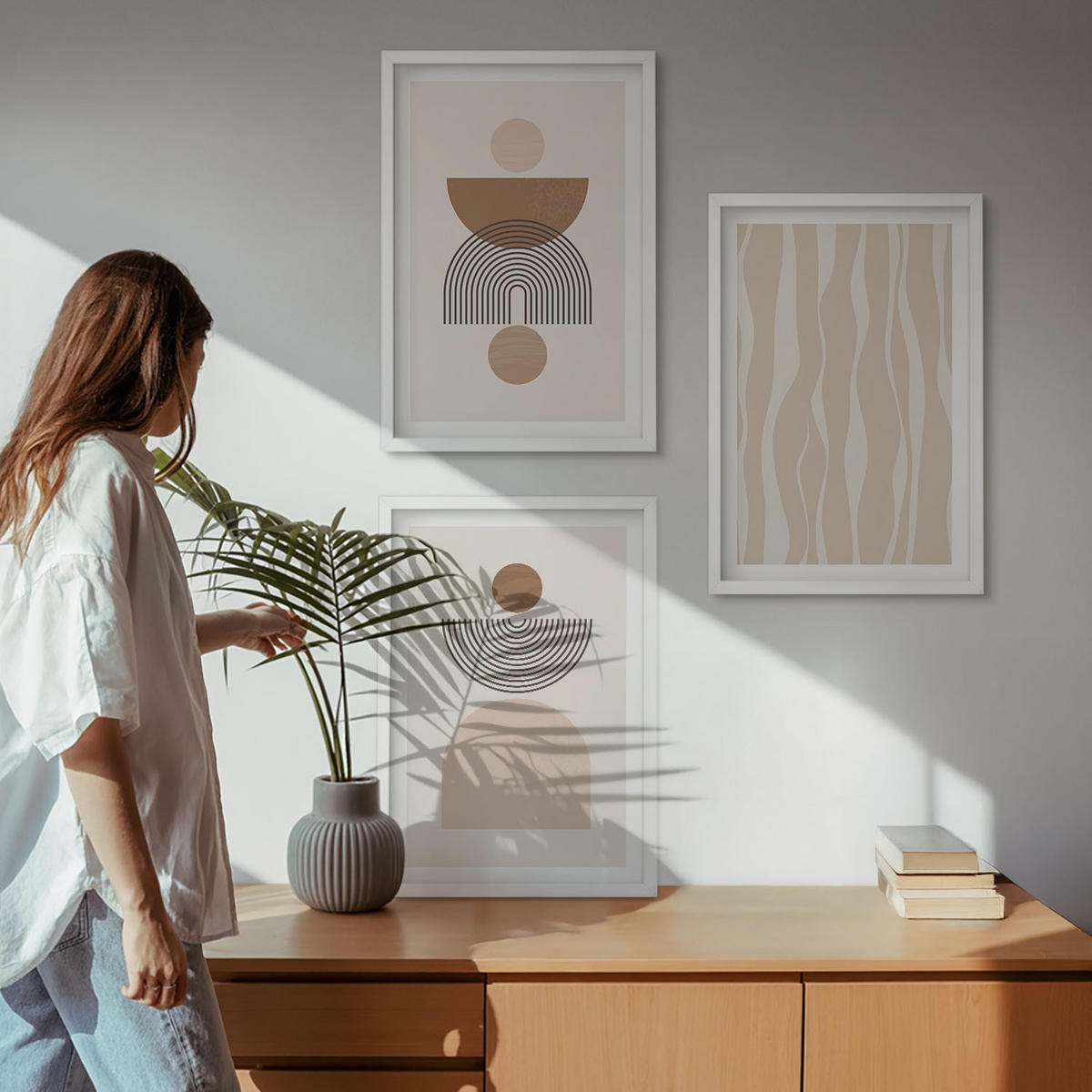 BILDER SET 3er Set - 40x60 cm Weißer Rahmen - Abstrakte Formen braun beige - Weiß, Kunststoff (40/60cm) - TULUP