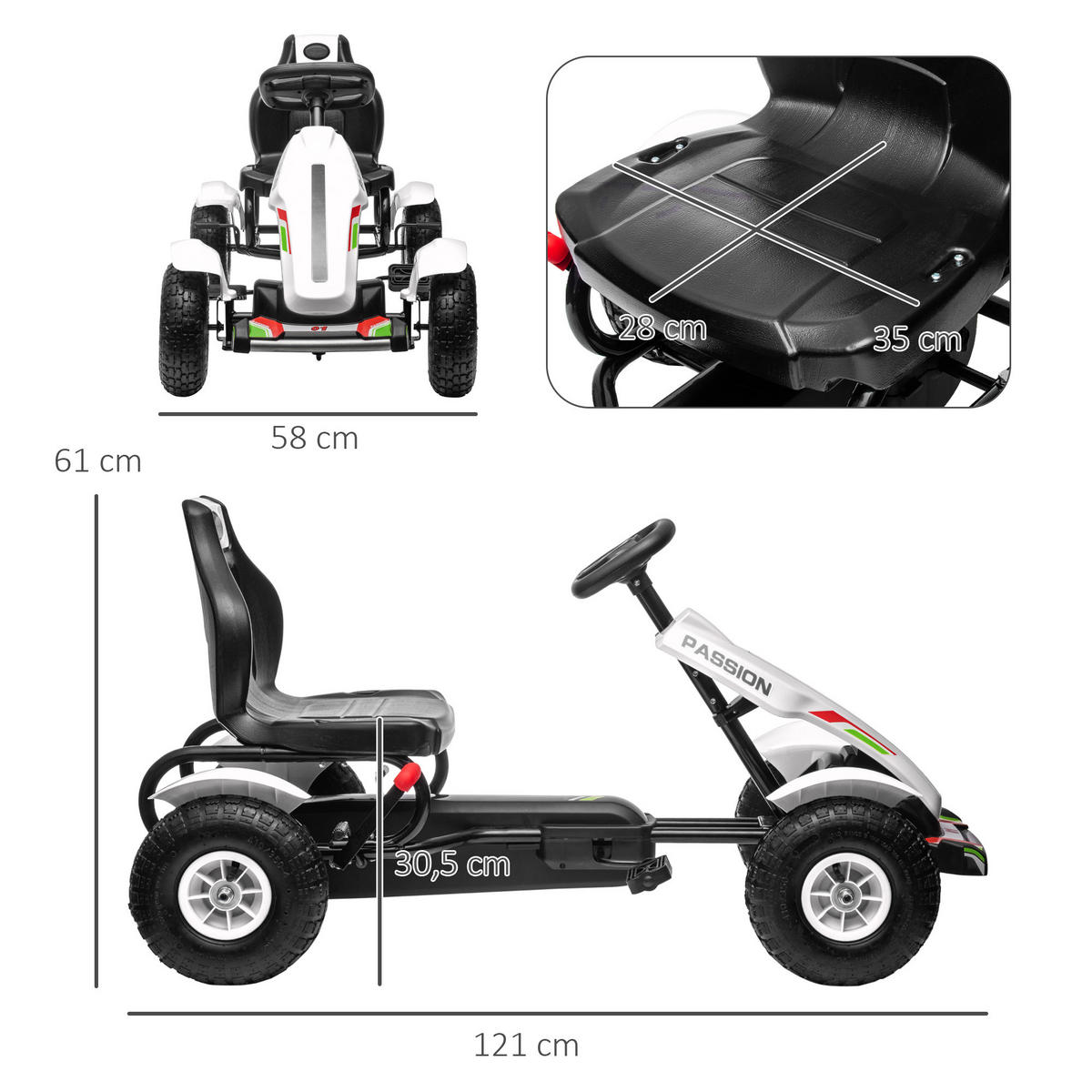 TRETKART DE-13018 verstellbarer Sitz Weiß/Schwarz - Weiß, Kunststoff (121/58/61cm) - ComfortXL