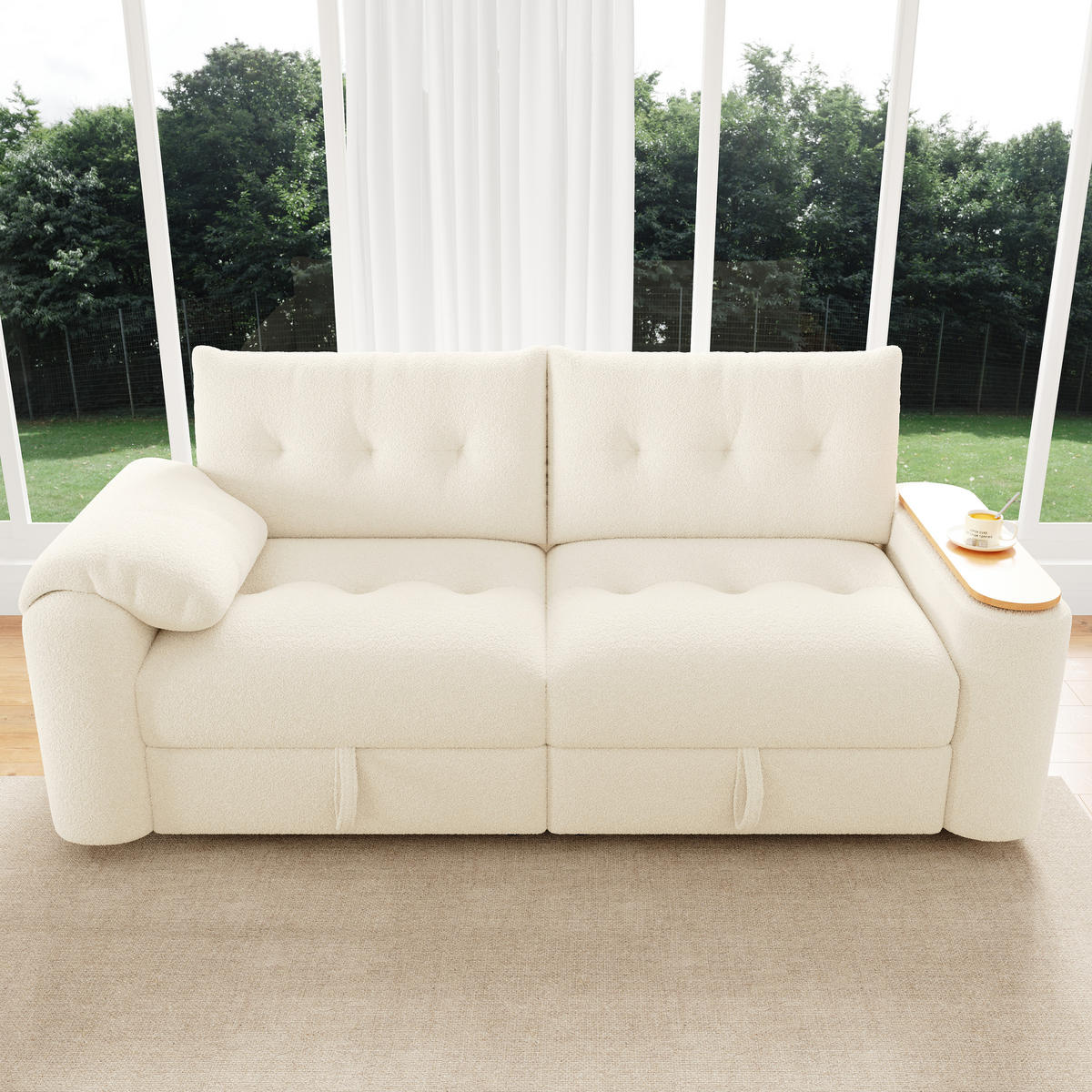 SCHLAFSOFA 3-Sitzer mit Teddyplüsch und Stauraum, Beige - Beige, Textil (207.5/87/80cm)