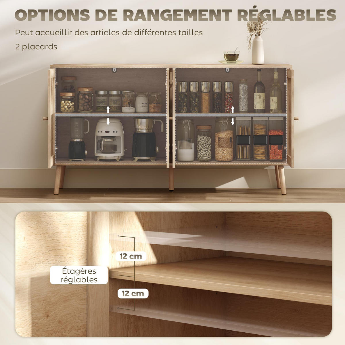 SIDEBOARD DE-11246 2 Türen mit Rattan & verstellbaren Böden Naturholz - Naturfarben, Holzwerkstoff (140/75/40cm) - ComfortXL