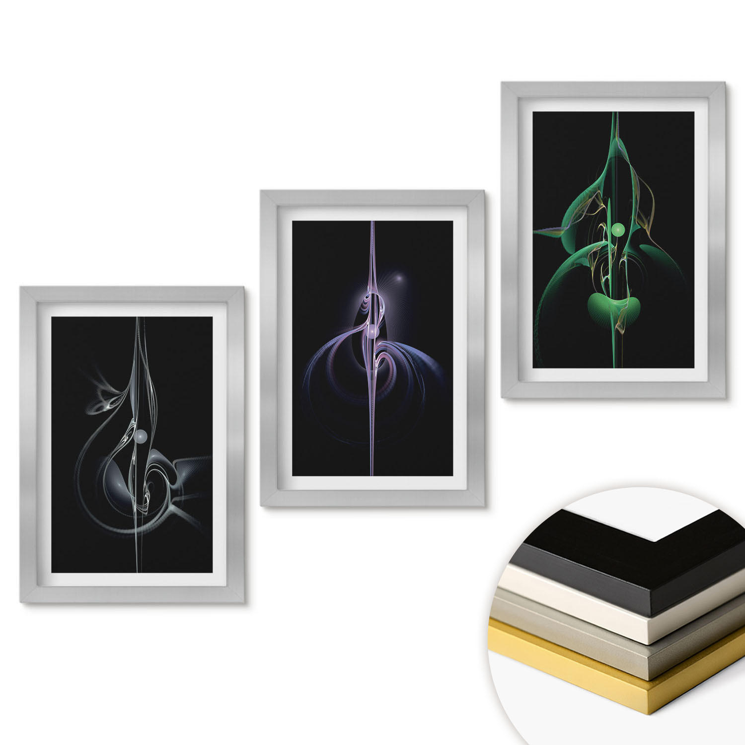 WANDBILDER 3er Set - 20x30 cm Silberner Rahmen - Abstrakte schwarze Farbmuster - Silberfarben, Kunststoff (20/30cm) - ArtPrintCave